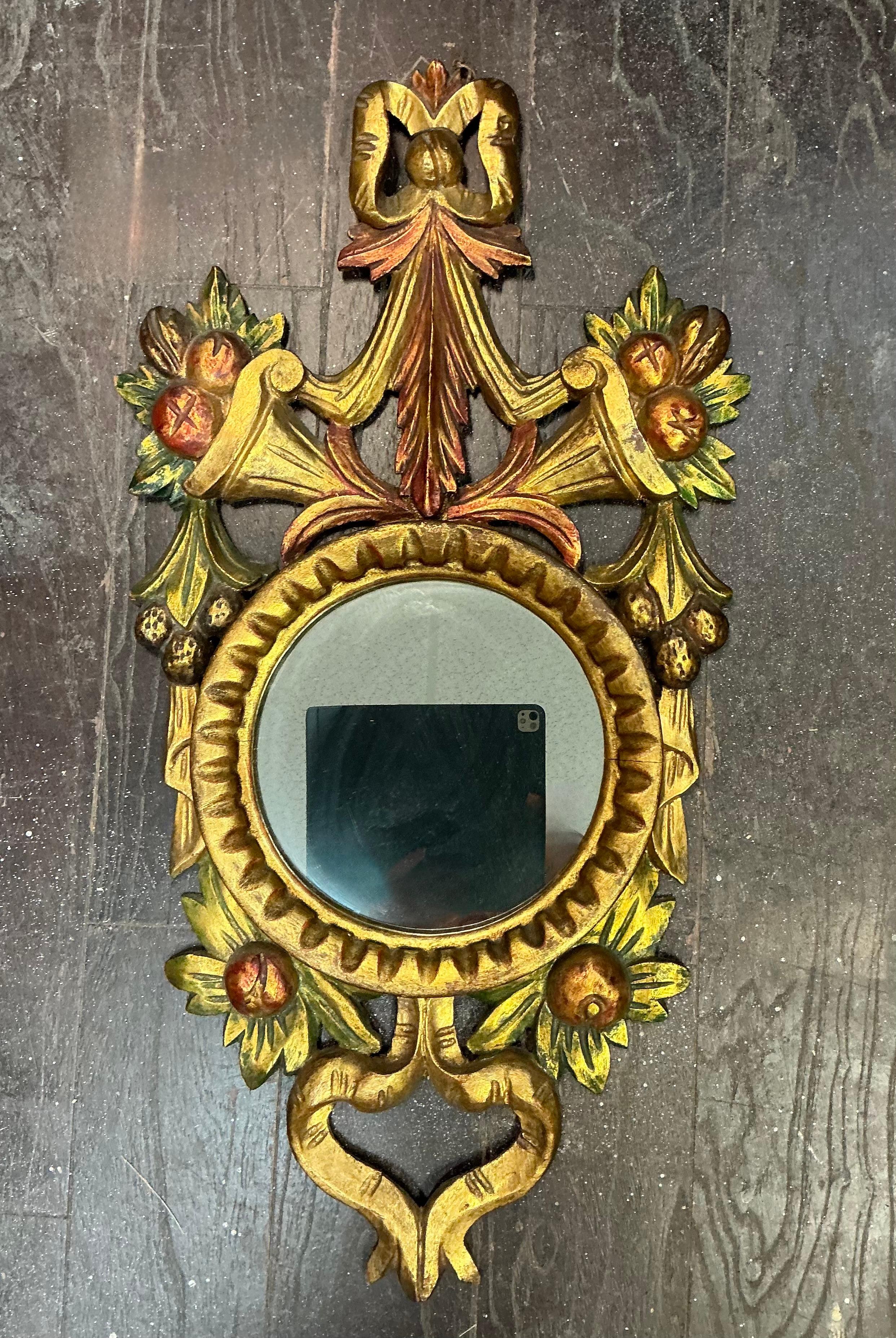 20th Century Mid-Century Italian Carved Giltwood & Painted Fruit And Ribbon Wall Mirror For Sale