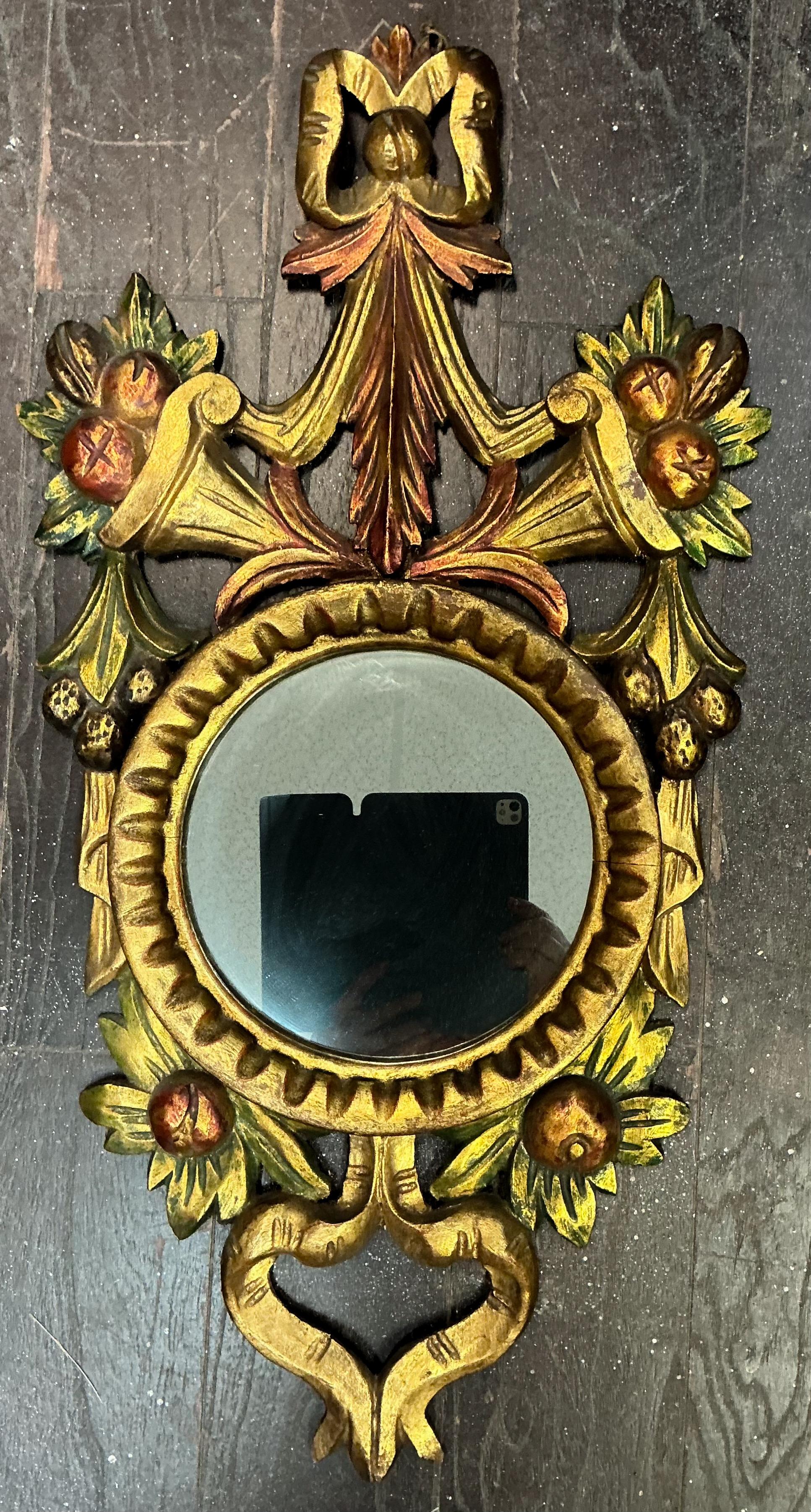 Mid-Century Italian Carved Giltwood & Painted Fruit And Ribbon Wall Mirror For Sale 1