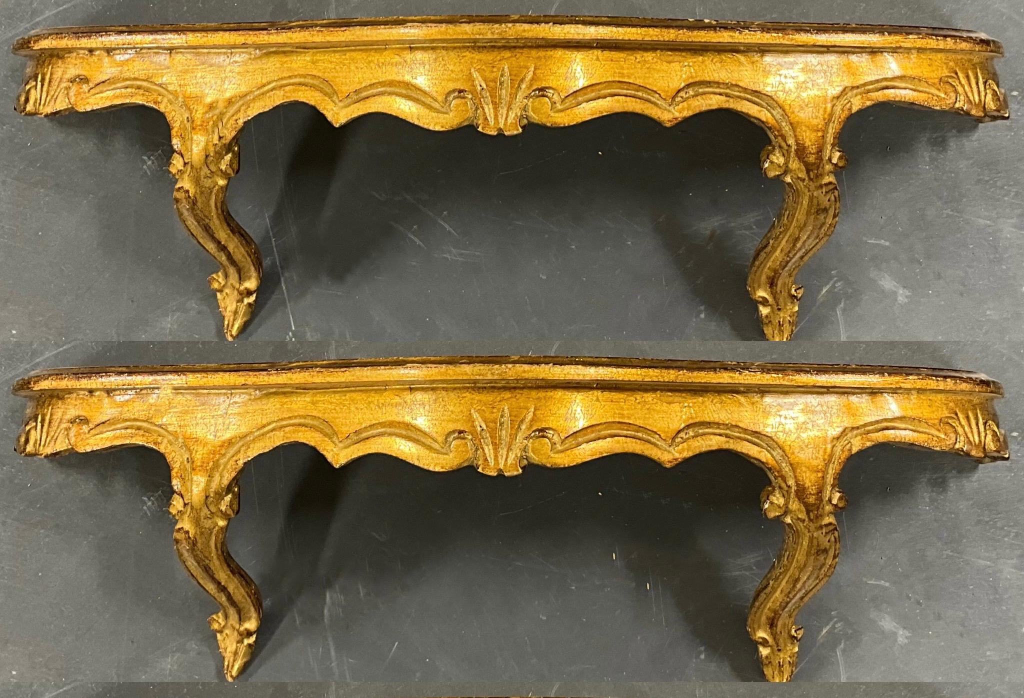 Midcentury Italian Carved Giltwood Rococo Style Wall Brackets / Shelves, Pair 3