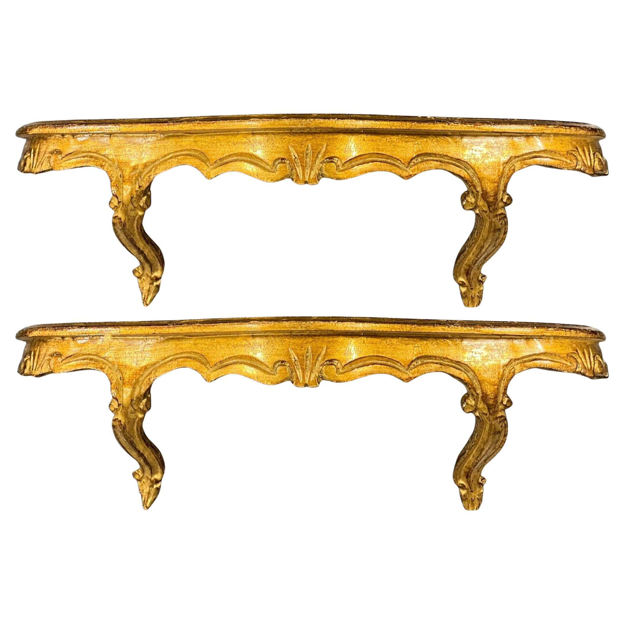 Midcentury Italian Carved Giltwood Rococo Style Wall Brackets / Shelves, Pair