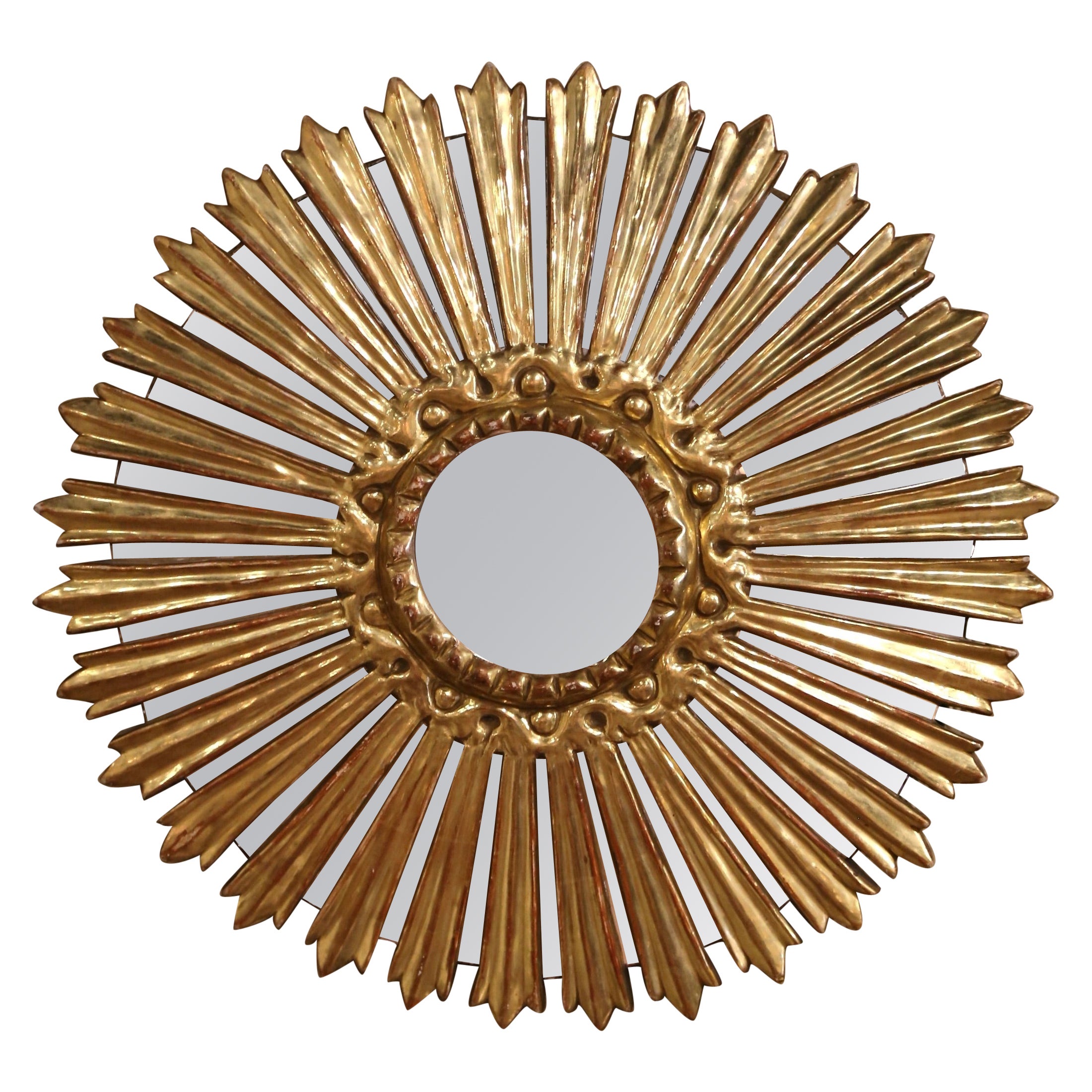 Mid-Century Italian Carved Giltwood Sunburst Wall Mirror with Mirrored Rays