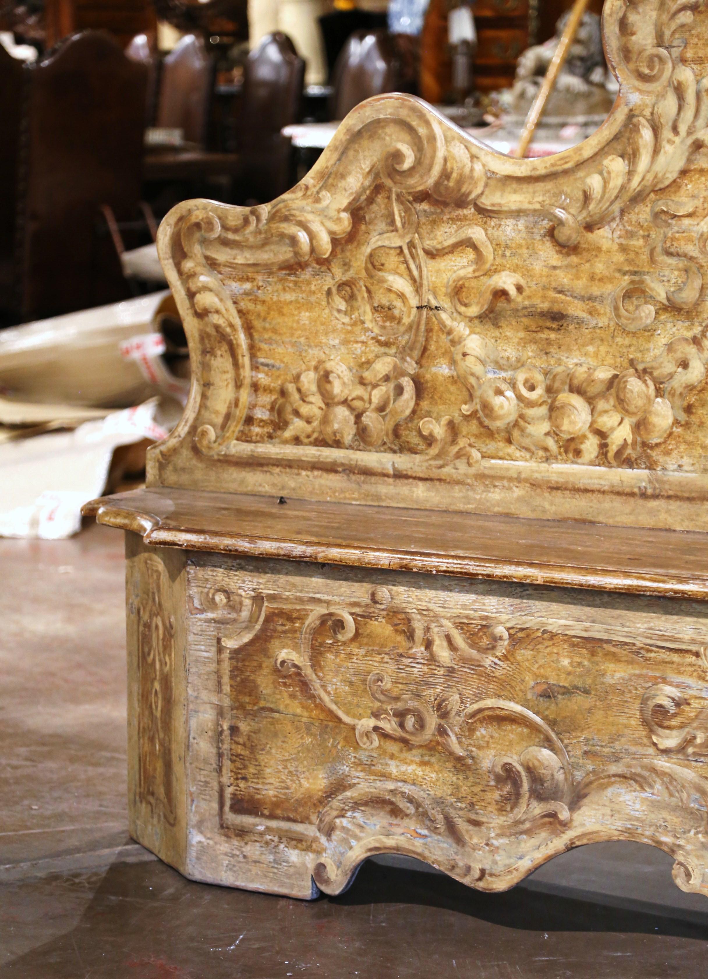 Renaissance Mid-Century Italian Carved Painted Cassapanca Bench Trunk with Crest Motif