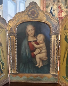 Mid-Century Italian Carved Painted Triptych with Madonna & Child, and Angels