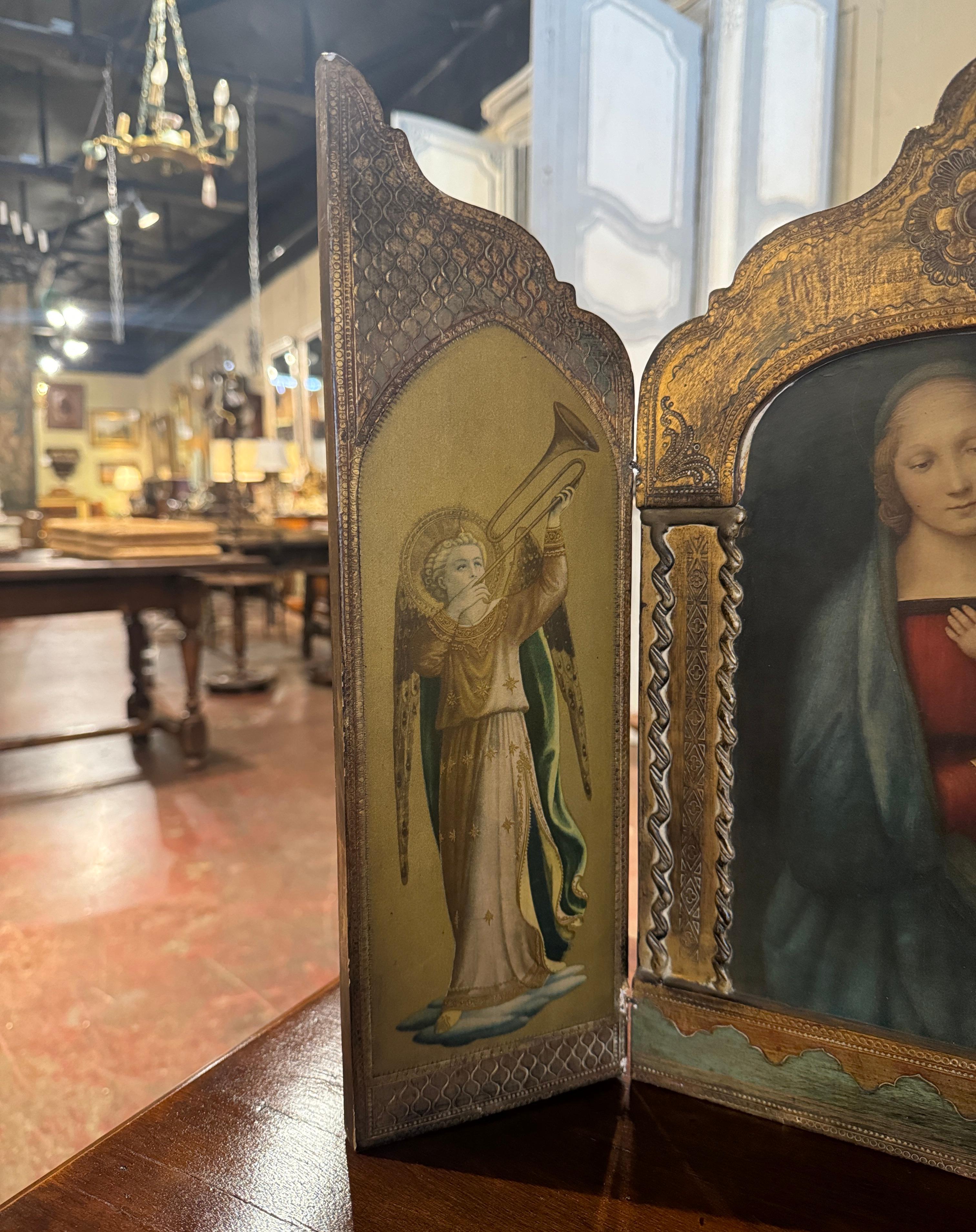 Renaissance Mid-Century Italian Carved Painted Triptych with Madonna & Child, and Angels For Sale