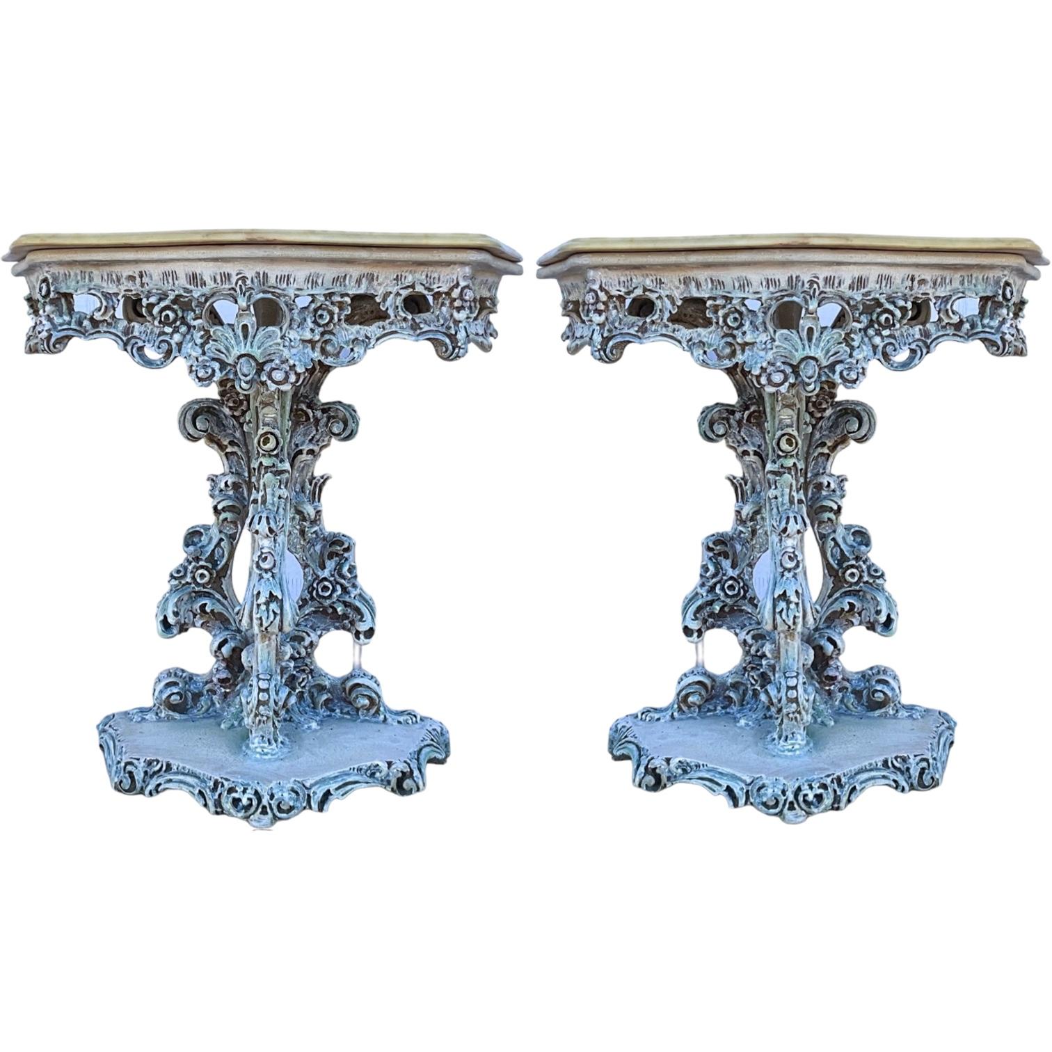 Mid-Century Italian Carved Rococo Style Marble Top Console Or Side Tables -Pair  7