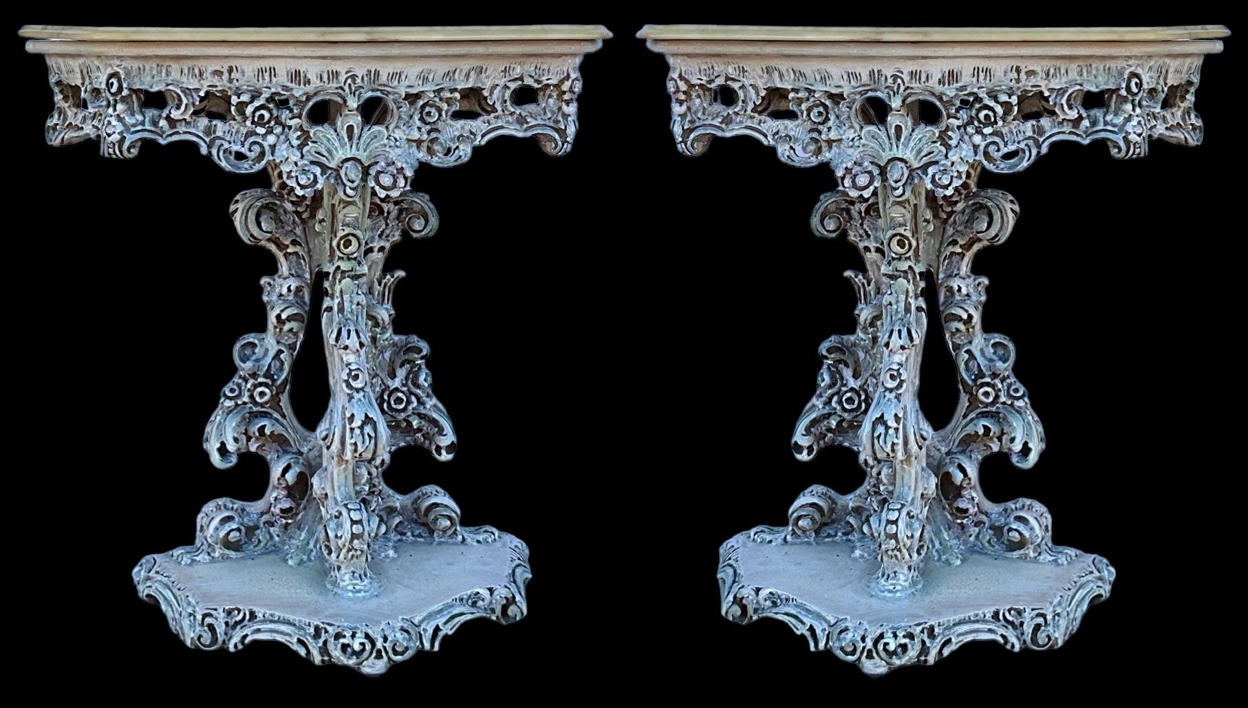 Mid-Century Italian Carved Rococo Style Marble Top Console Or Side Tables -Pair  2
