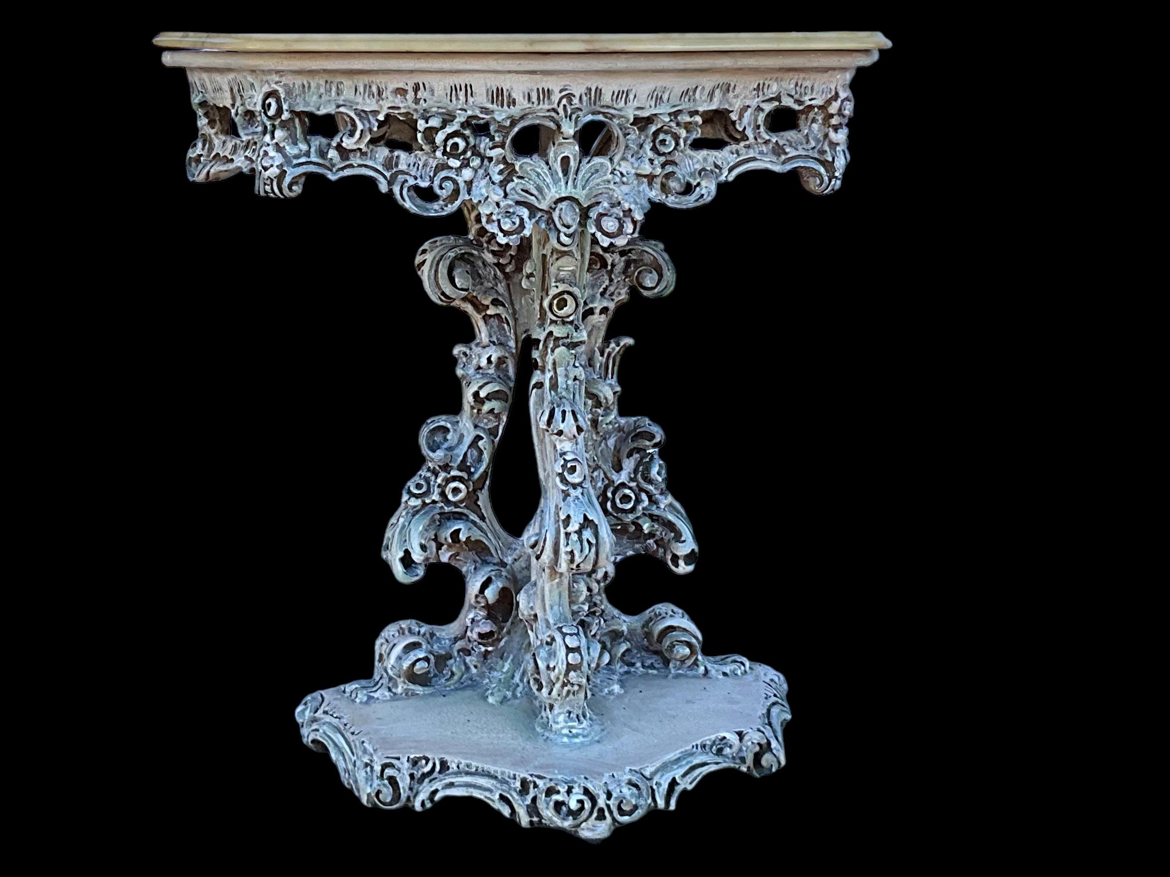 Mid-Century Italian Carved Rococo Style Marble Top Console Or Side Tables -Pair  3