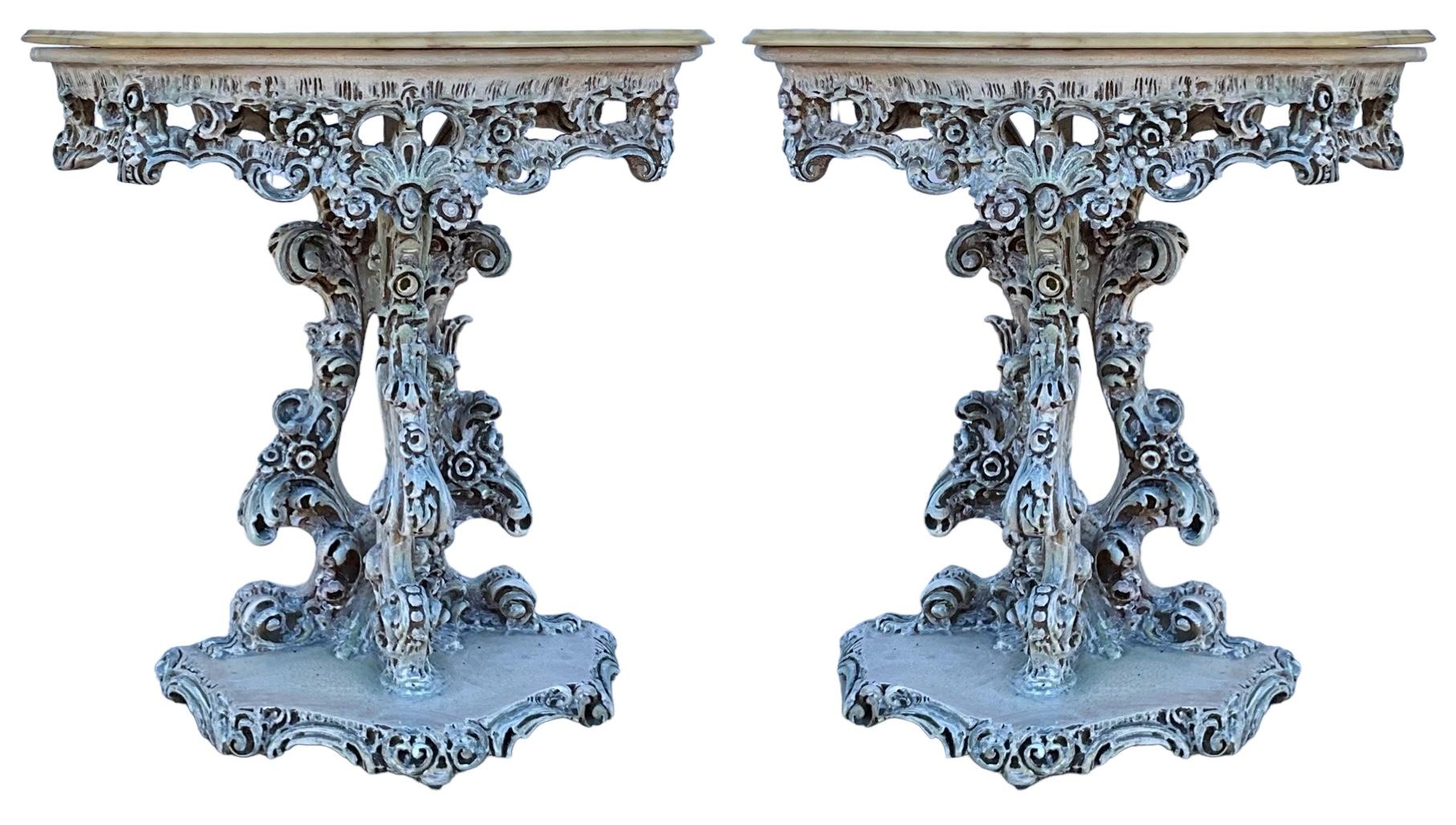 Mid-Century Italian Carved Rococo Style Marble Top Console Or Side Tables -Pair  4