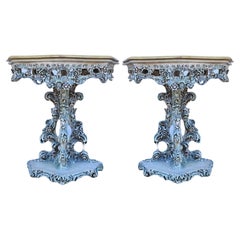 Mid-Century Italian Carved Rococo Style Marble Top Console Or Side Tables -Pair 