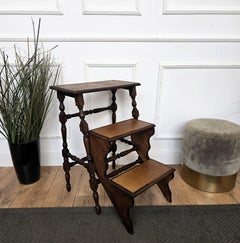 Mid-Century Italian Carved Walnut Wood and Leather Folding 3-Step Library Ladder