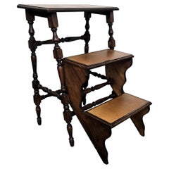 Mid-Century Italian Carved Walnut Wood and Leather Folding 3-Step Library Ladder