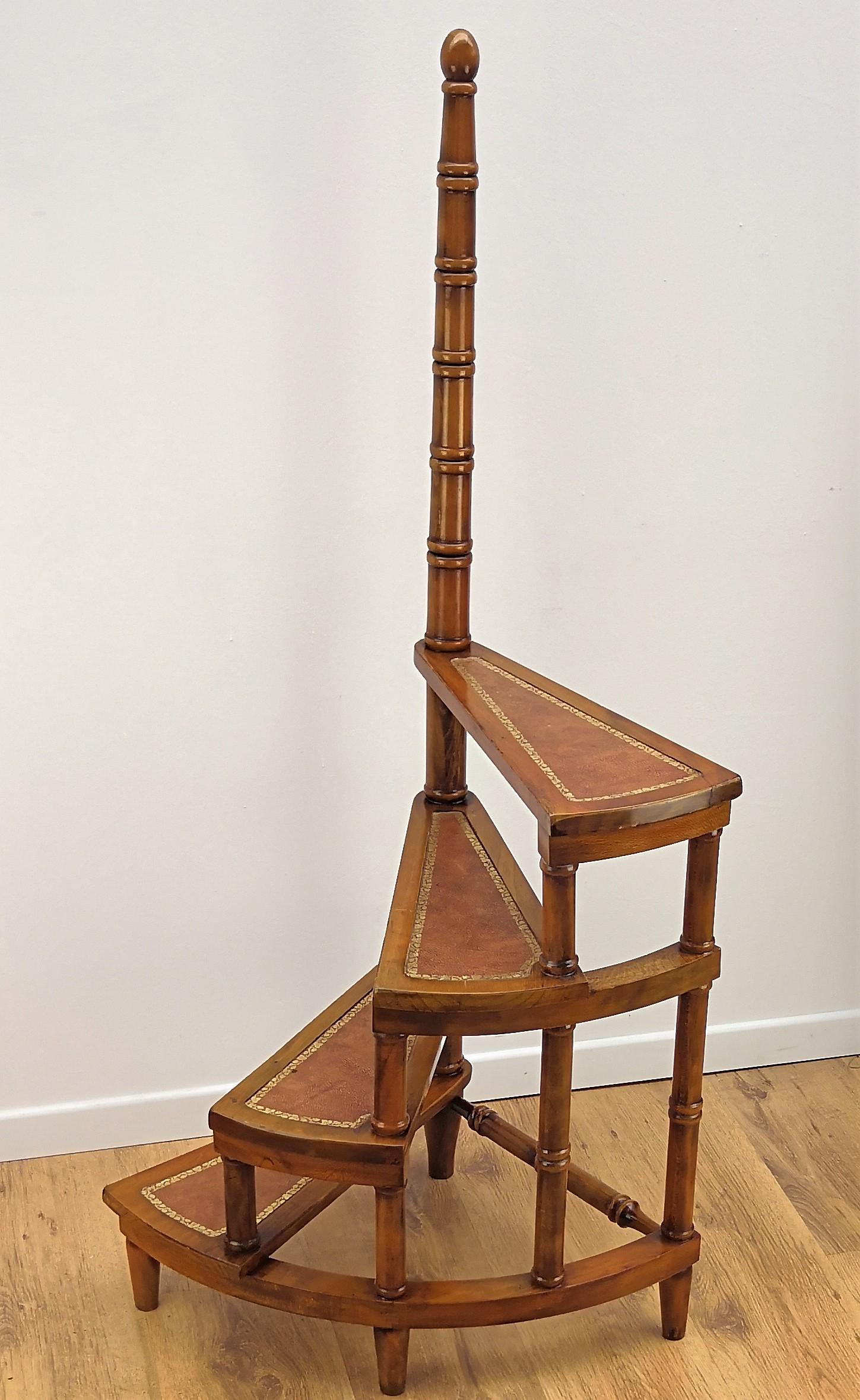 Hand-Carved Midcentury Italian Carved Walnut Wood and Leather Spiral Step Library Ladder