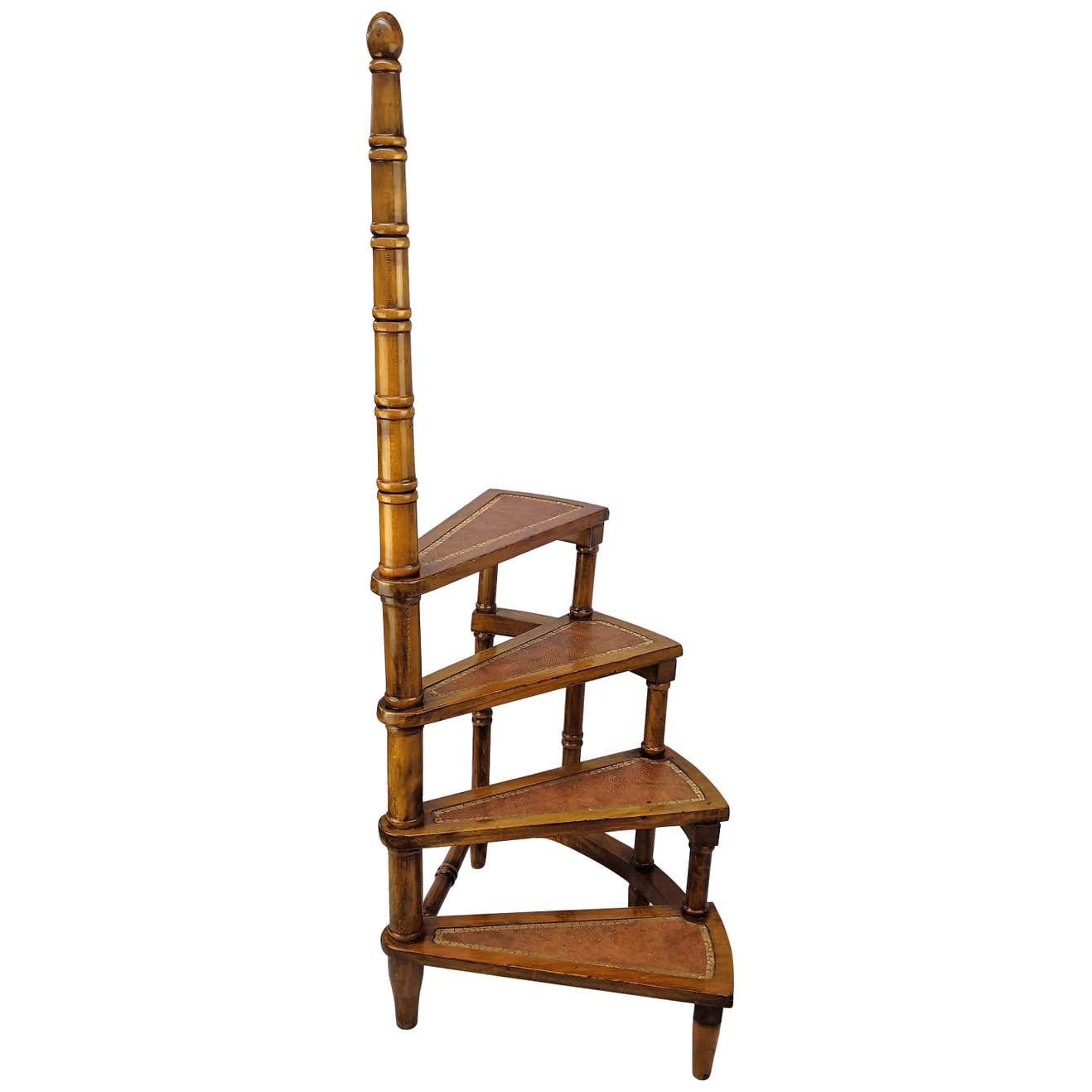 Midcentury Italian Carved Walnut Wood and Leather Spiral Step Library ...