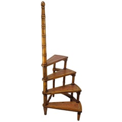 Vintage Midcentury Italian Carved Walnut Wood and Leather Spiral Step Library Ladder