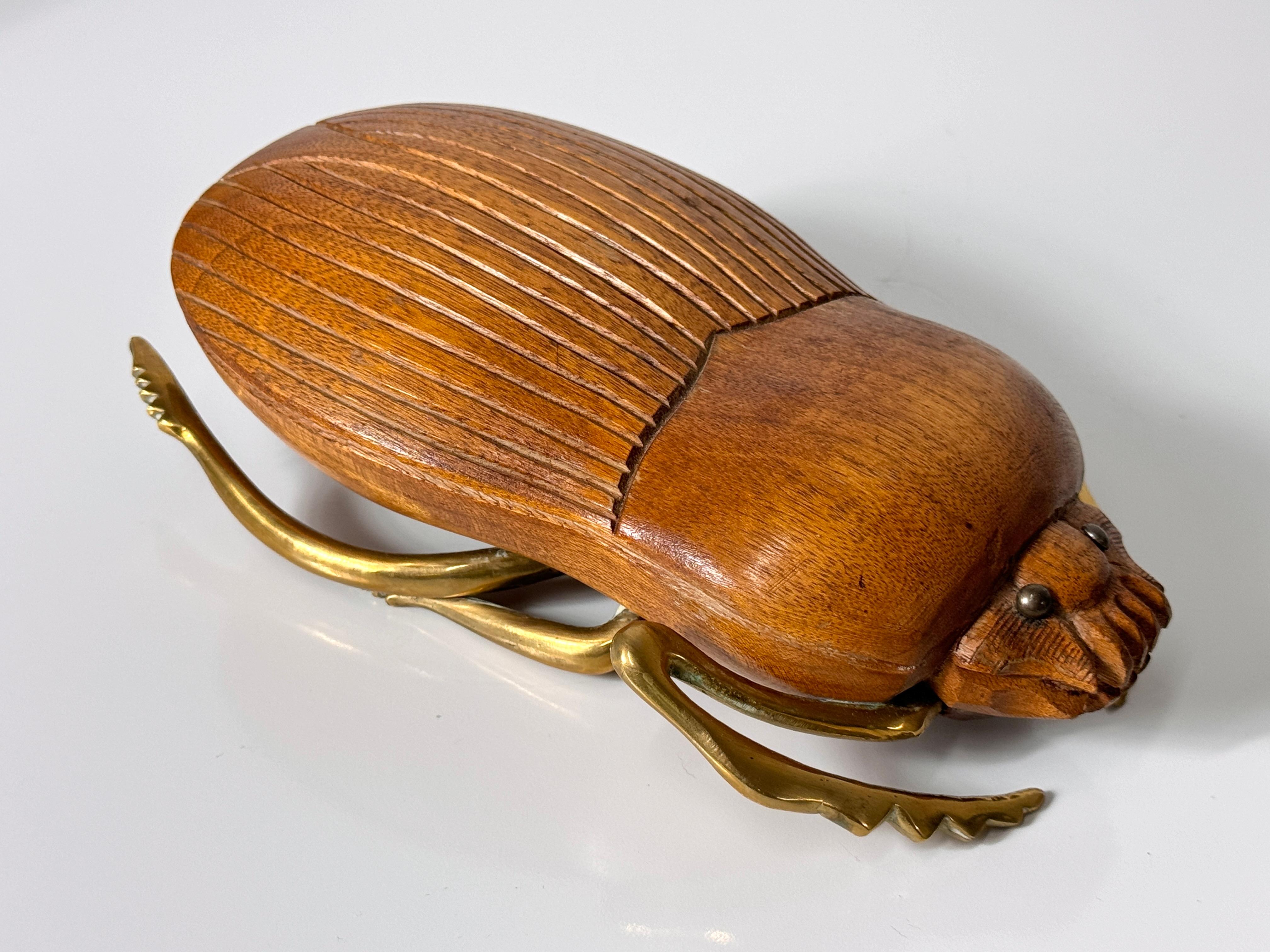 Bohemian Mid Century Italian Carved Wood and Brass Scarab Sculpture by Sarreid LTD 1970s