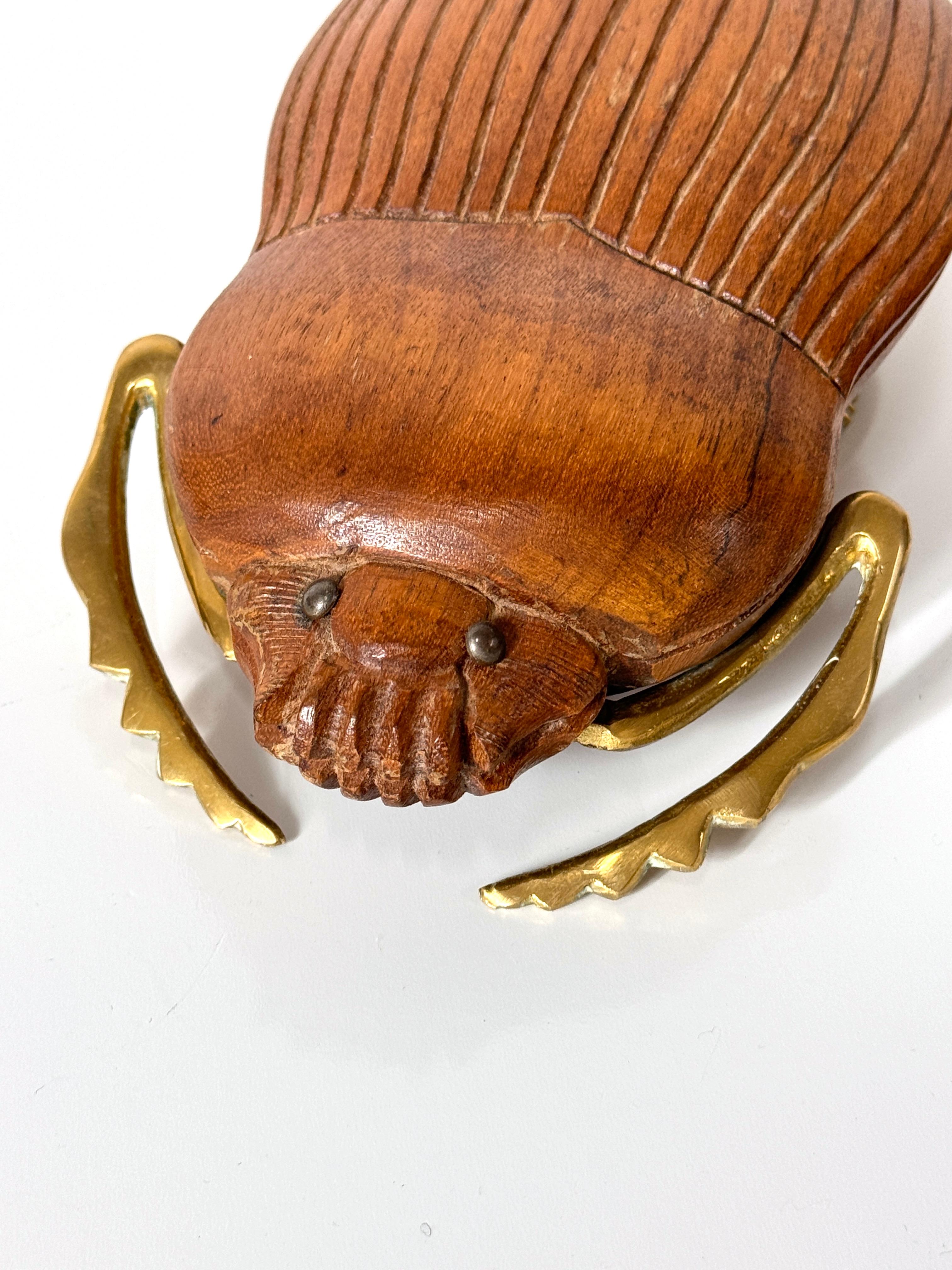Mid Century Italian Carved Wood and Brass Scarab Sculpture by Sarreid LTD 1970s In Good Condition In Troy, MI
