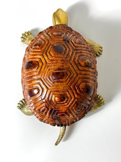 Mid Century Italian Carved Wood and Brass Turtle Sculpture by Sarreid LTD 1970s
