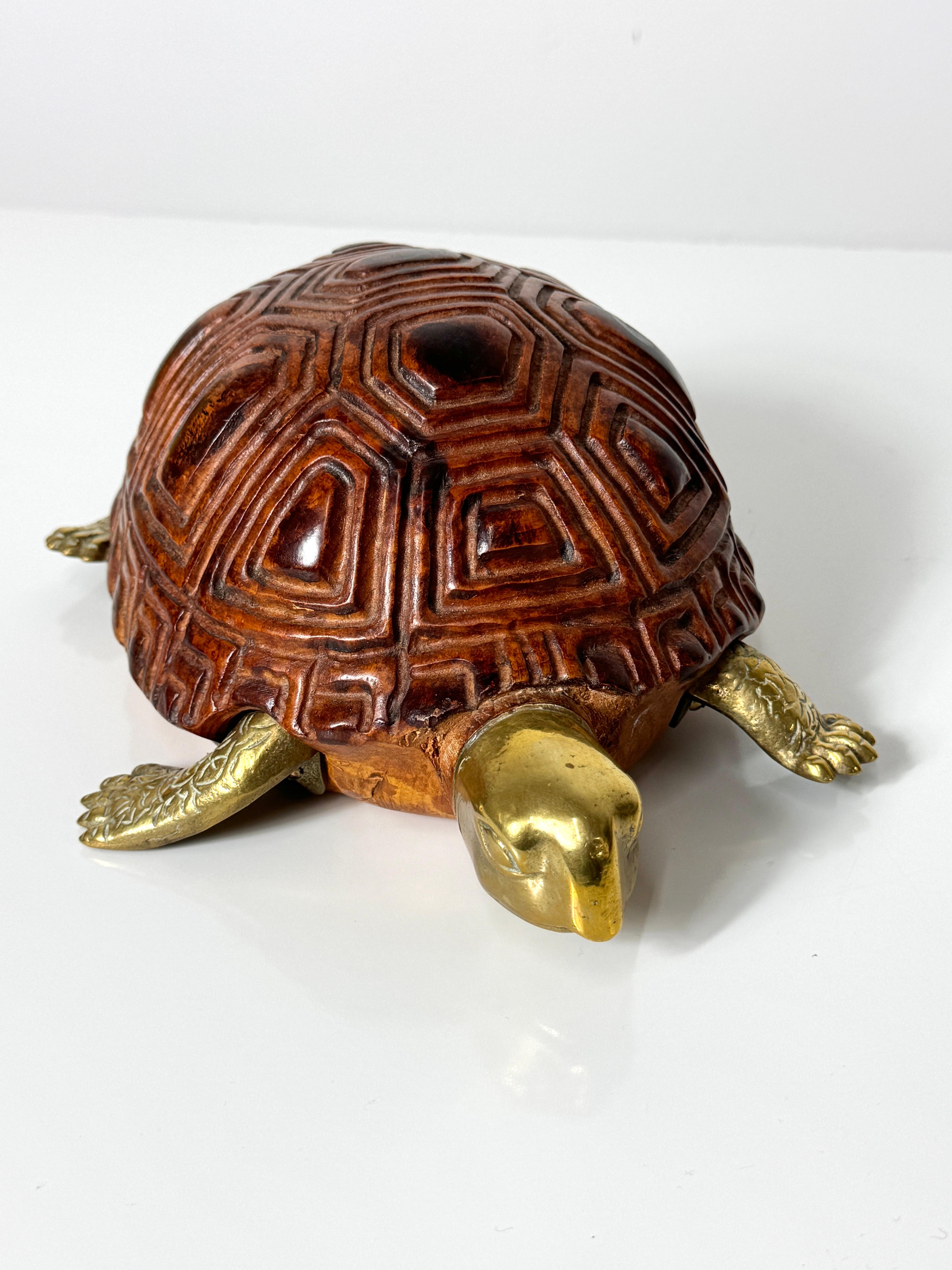 Bohemian Mid Century Italian Carved Wood and Brass Turtle Sculpture by Sarreid LTD 1970s