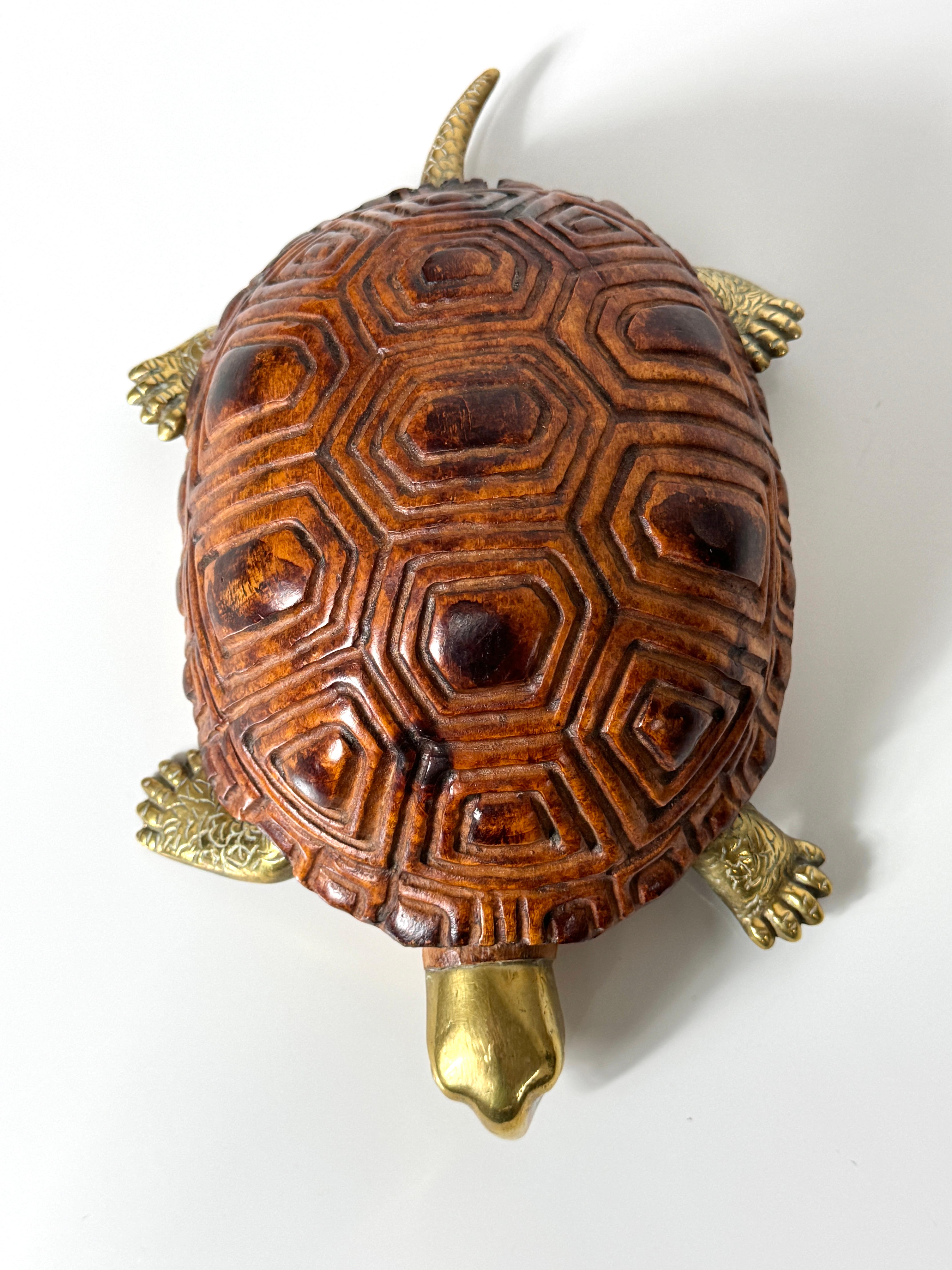 Mid Century Italian Carved Wood and Brass Turtle Sculpture by Sarreid LTD 1970s In Good Condition In Troy, MI