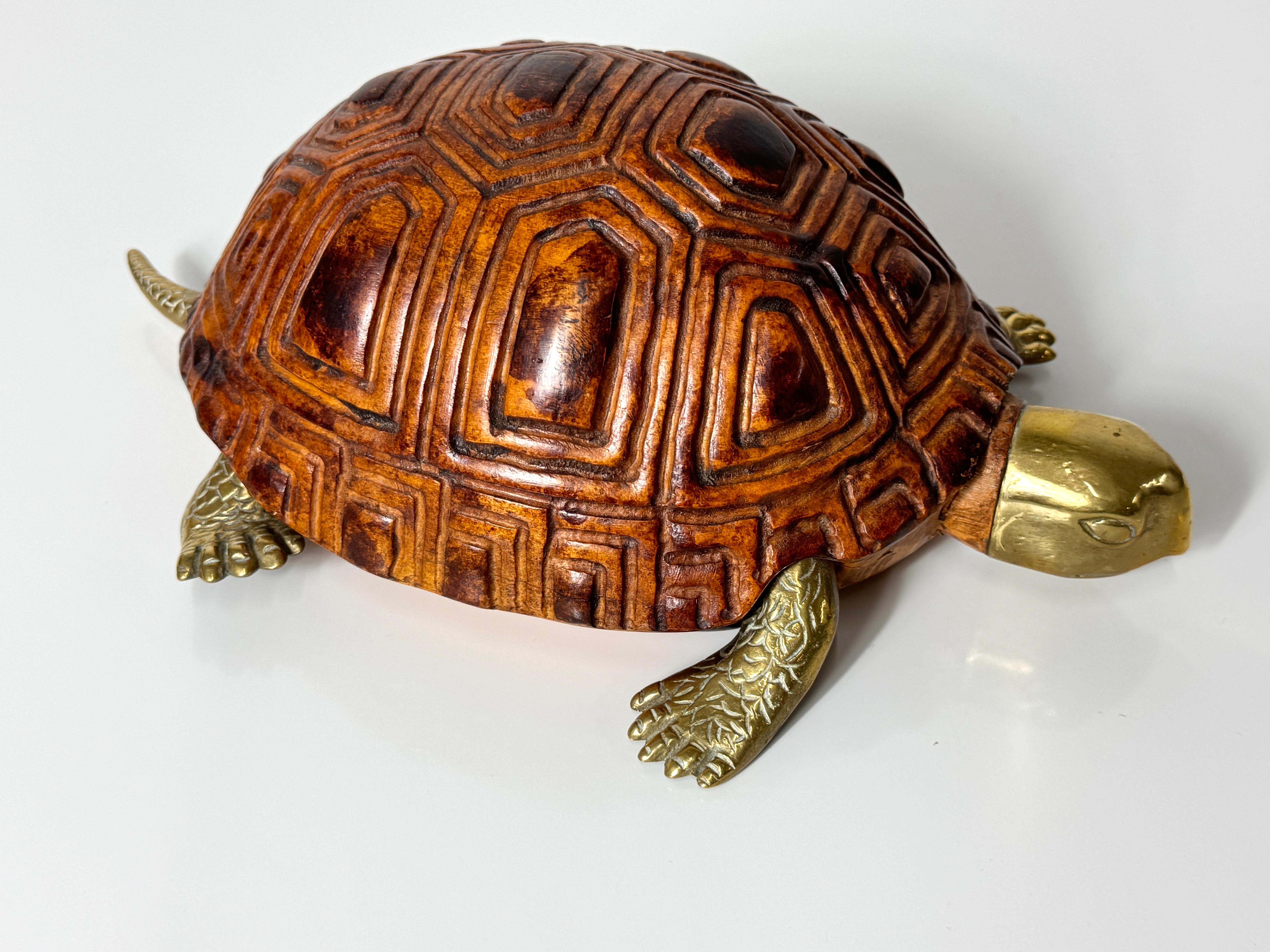 Late 20th Century Mid Century Italian Carved Wood and Brass Turtle Sculpture by Sarreid LTD 1970s