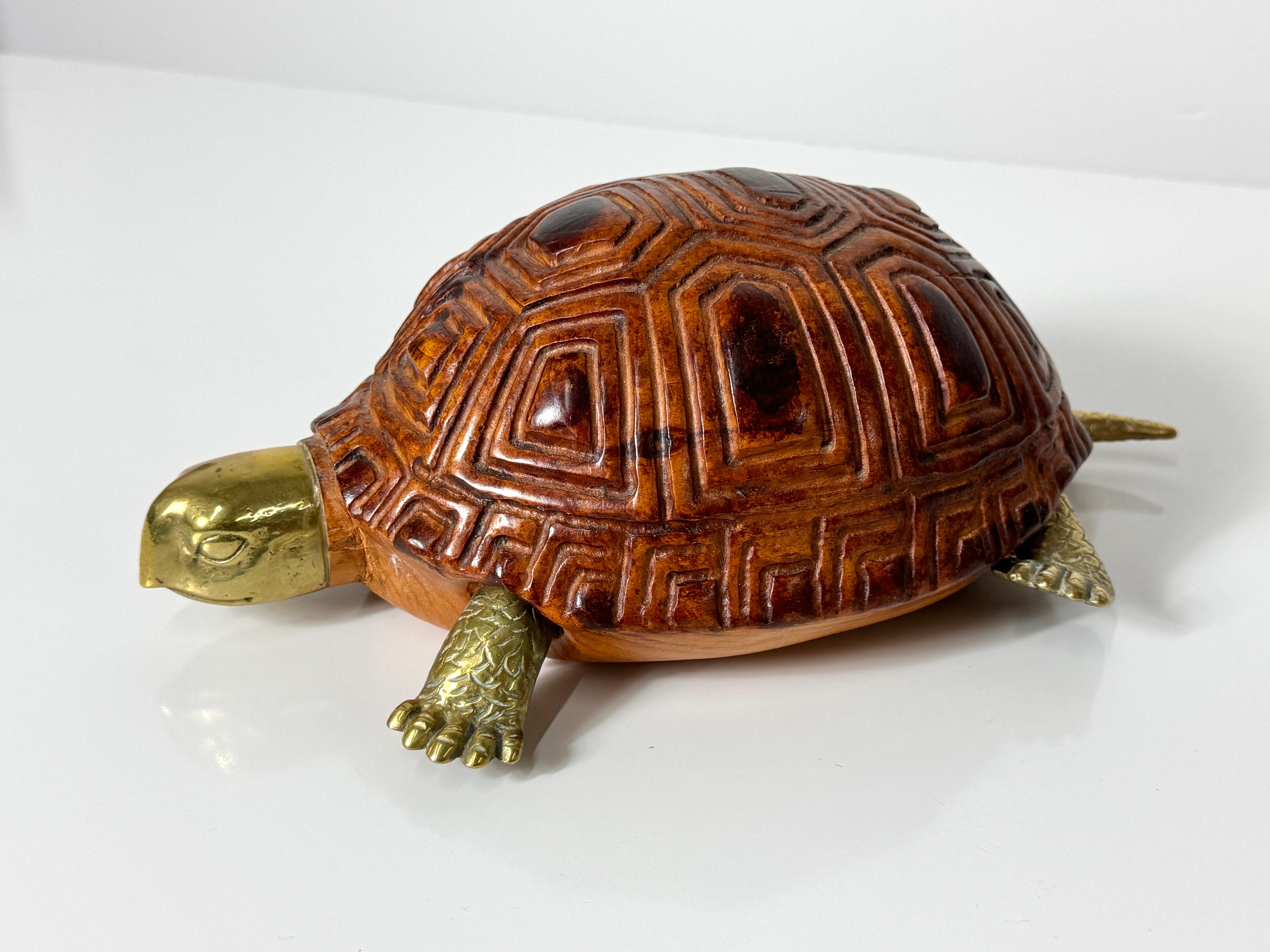 Mid Century Italian Carved Wood and Brass Turtle Sculpture by Sarreid LTD 1970s 1