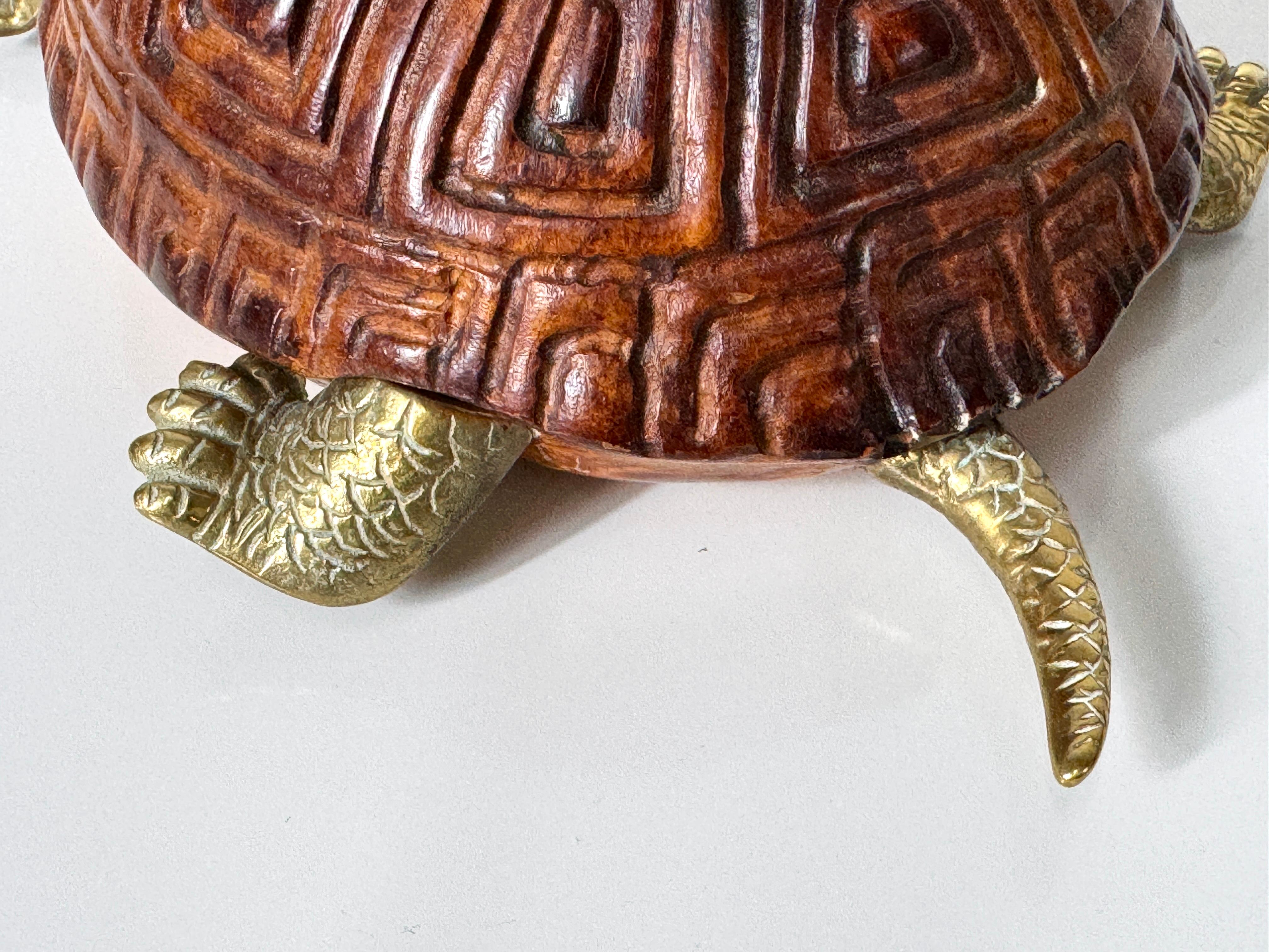 Mid Century Italian Carved Wood and Brass Turtle Sculpture by Sarreid LTD 1970s 3