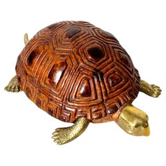 Mid Century Italian Carved Wood and Brass Turtle Sculpture by Sarreid LTD 1970s