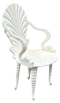 Mid-Century Italian Carved Wood White Lacquer Shell & Dolphin Grotto Chair