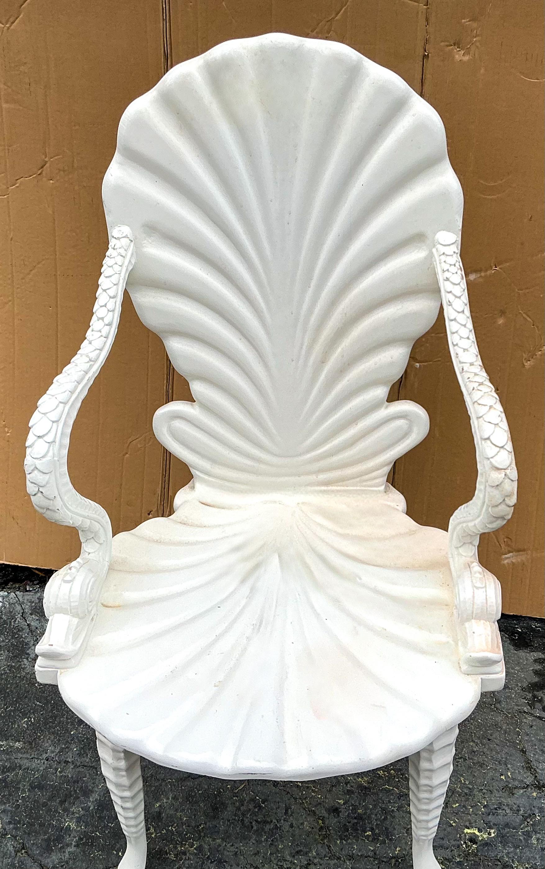 Neoclassical Mid-Century Italian Carved Wood White Lacquer Shell & Dolphin Grotto Chair For Sale