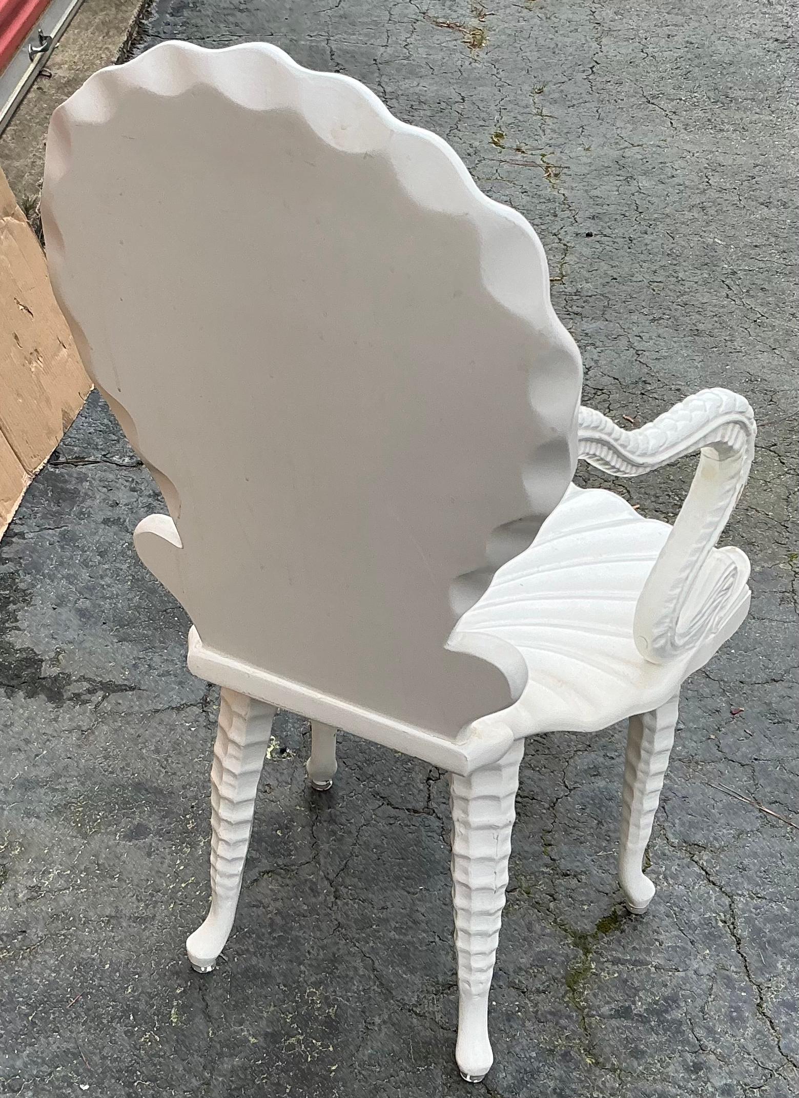 Mid-Century Italian Carved Wood White Lacquer Shell & Dolphin Grotto Chair In Good Condition For Sale In Kennesaw, GA