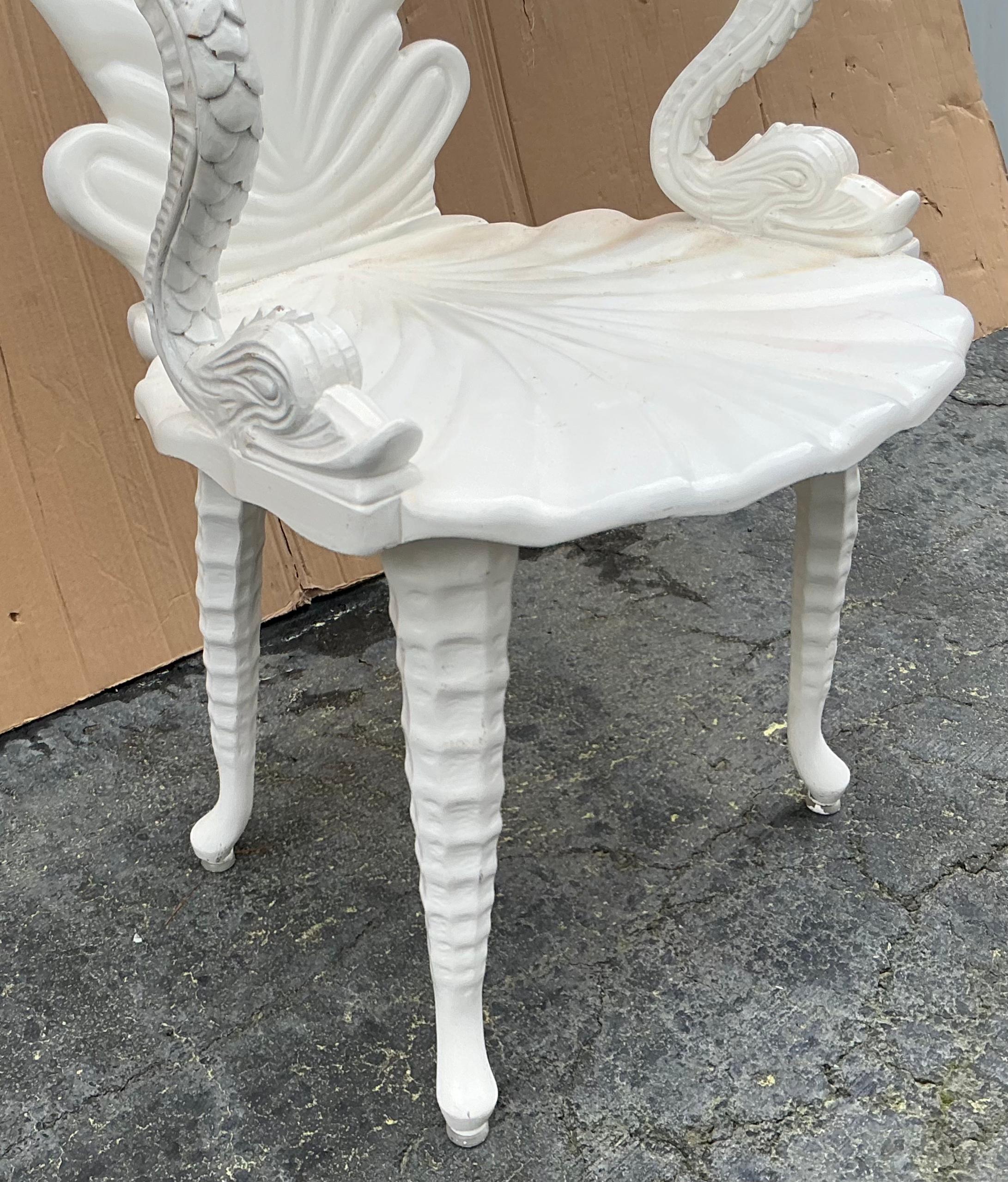 20th Century Mid-Century Italian Carved Wood White Lacquer Shell & Dolphin Grotto Chair For Sale