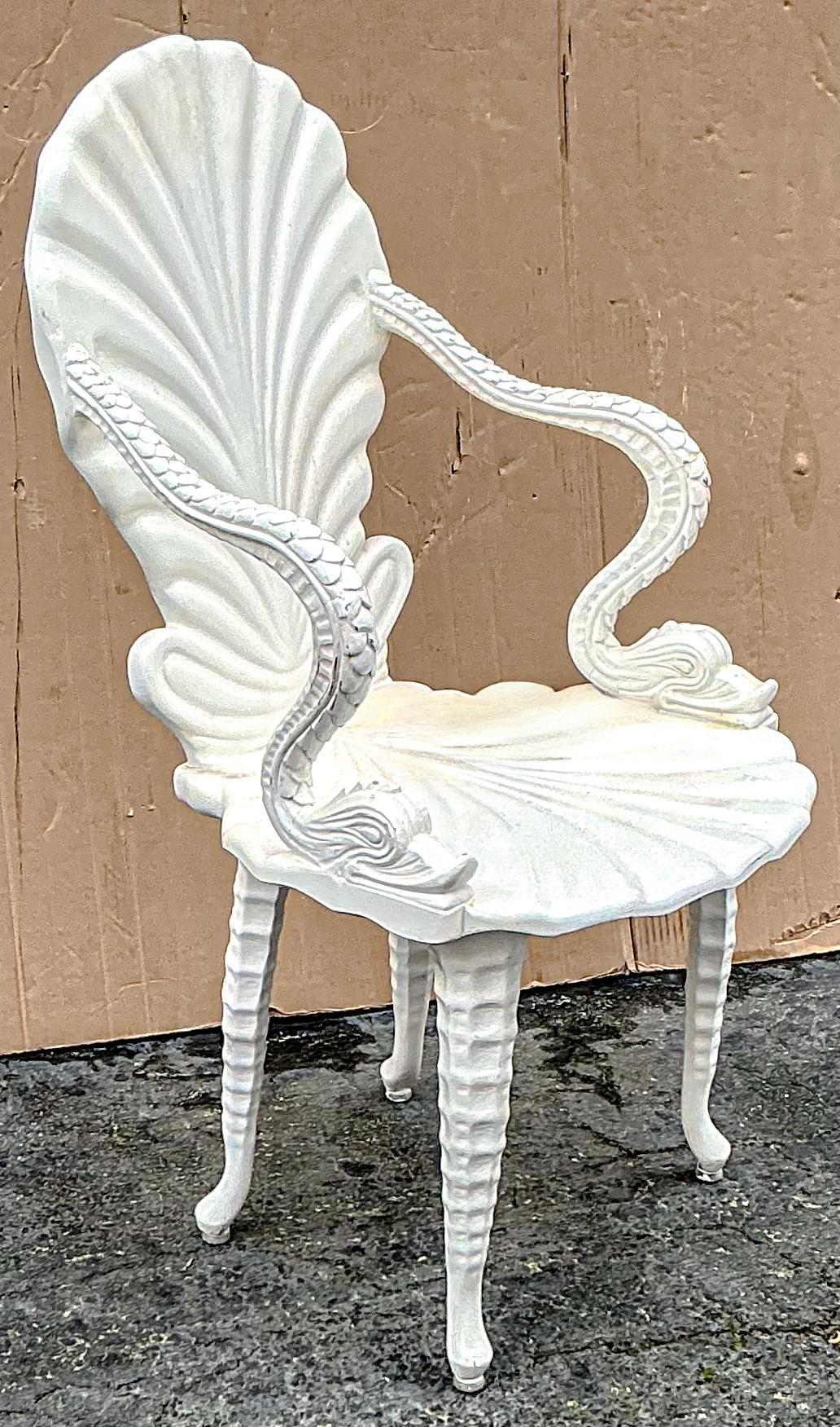Mid-Century Italian Carved Wood White Lacquer Shell & Dolphin Grotto Chair For Sale 1