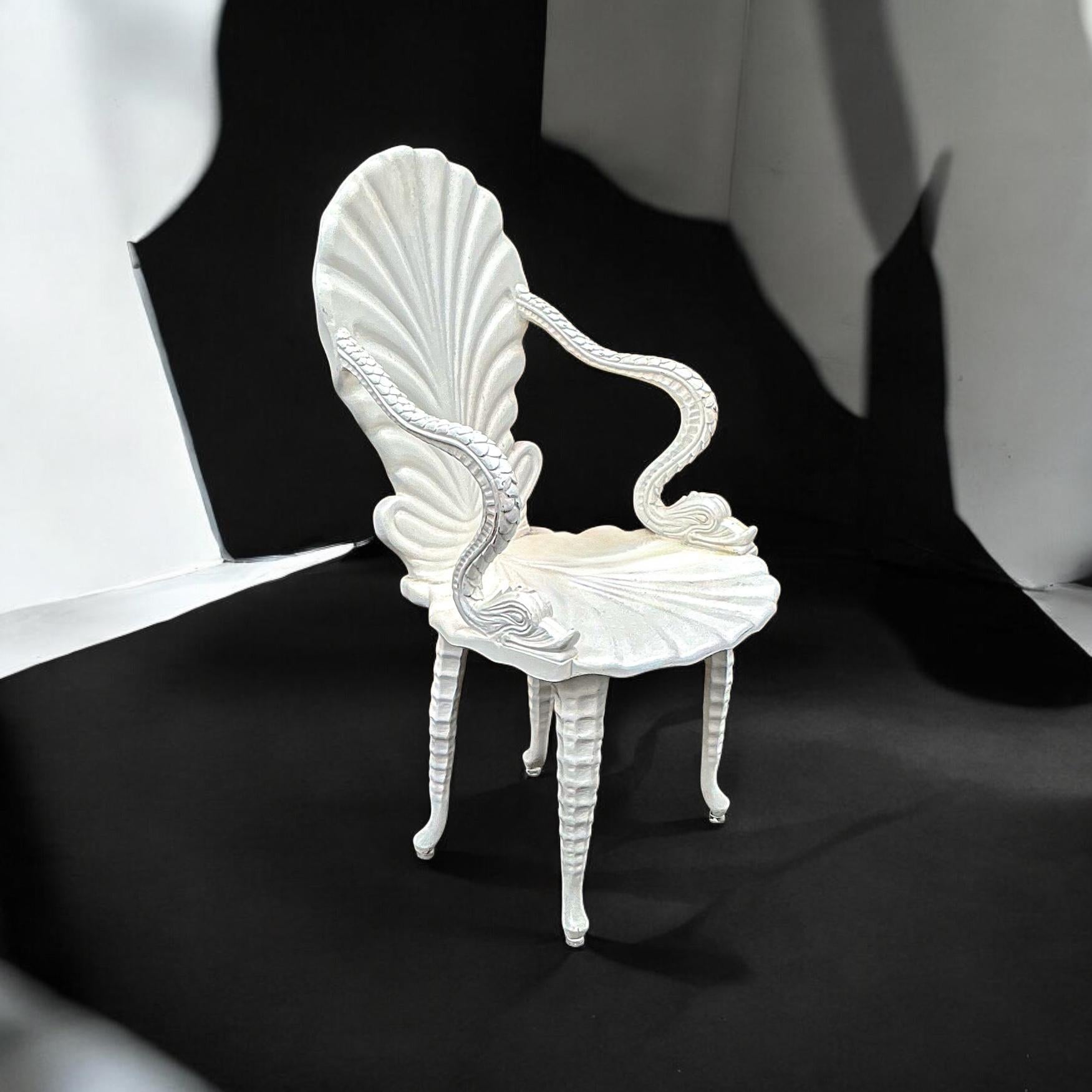 Mid-Century Italian Carved Wood White Lacquer Shell & Dolphin Grotto Chair For Sale 2