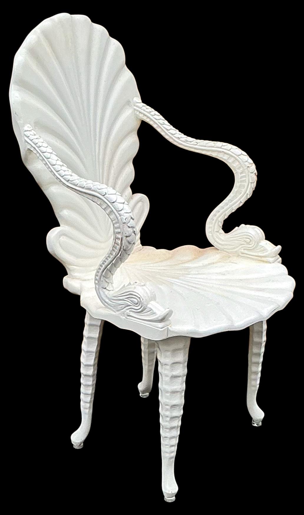 Mid-Century Italian Carved Wood White Lacquer Shell & Dolphin Grotto Chair For Sale 3