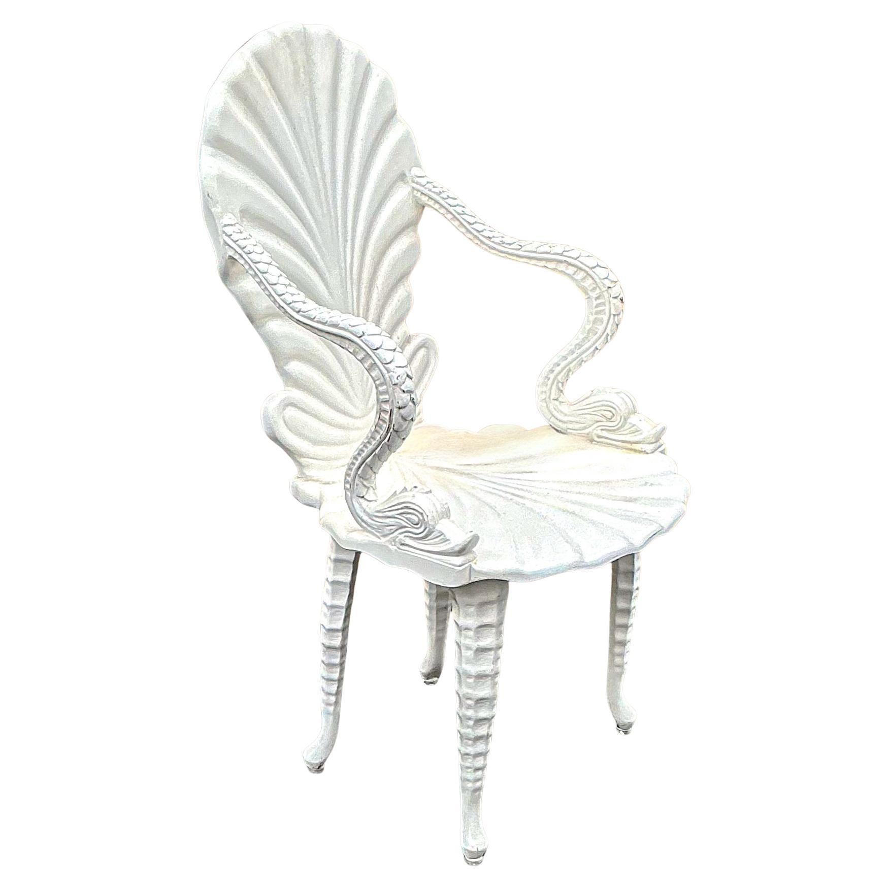 Mid-Century Italian Carved Wood White Lacquer Shell & Dolphin Grotto Chair
