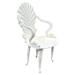 Mid-Century Italian Carved Wood White Lacquer Shell & Dolphin Grotto Chair