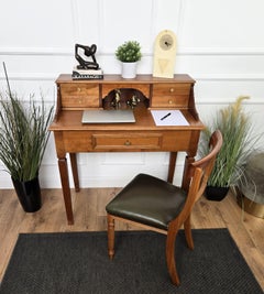 Mid-Century Italian Carved Wood Writing Desk Console Table with Leather Chair