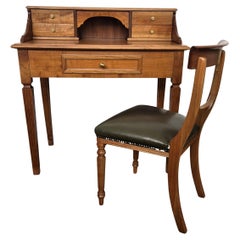 Mid-Century Italian Carved Wood Writing Desk Console Table with Leather Chair