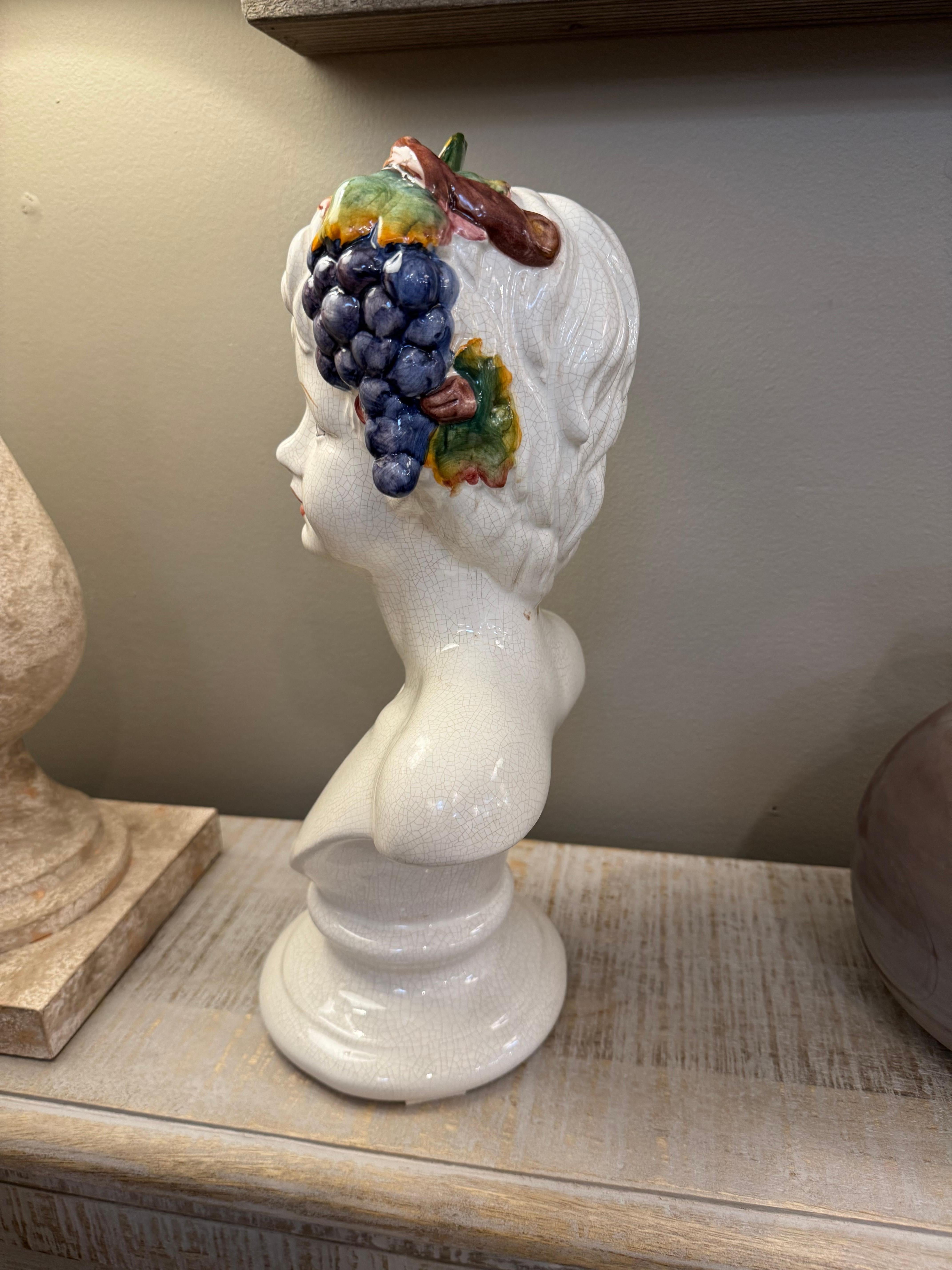 Arts and Crafts Mid century Italian ceramic hand painted Bacchus God of wine bust For Sale