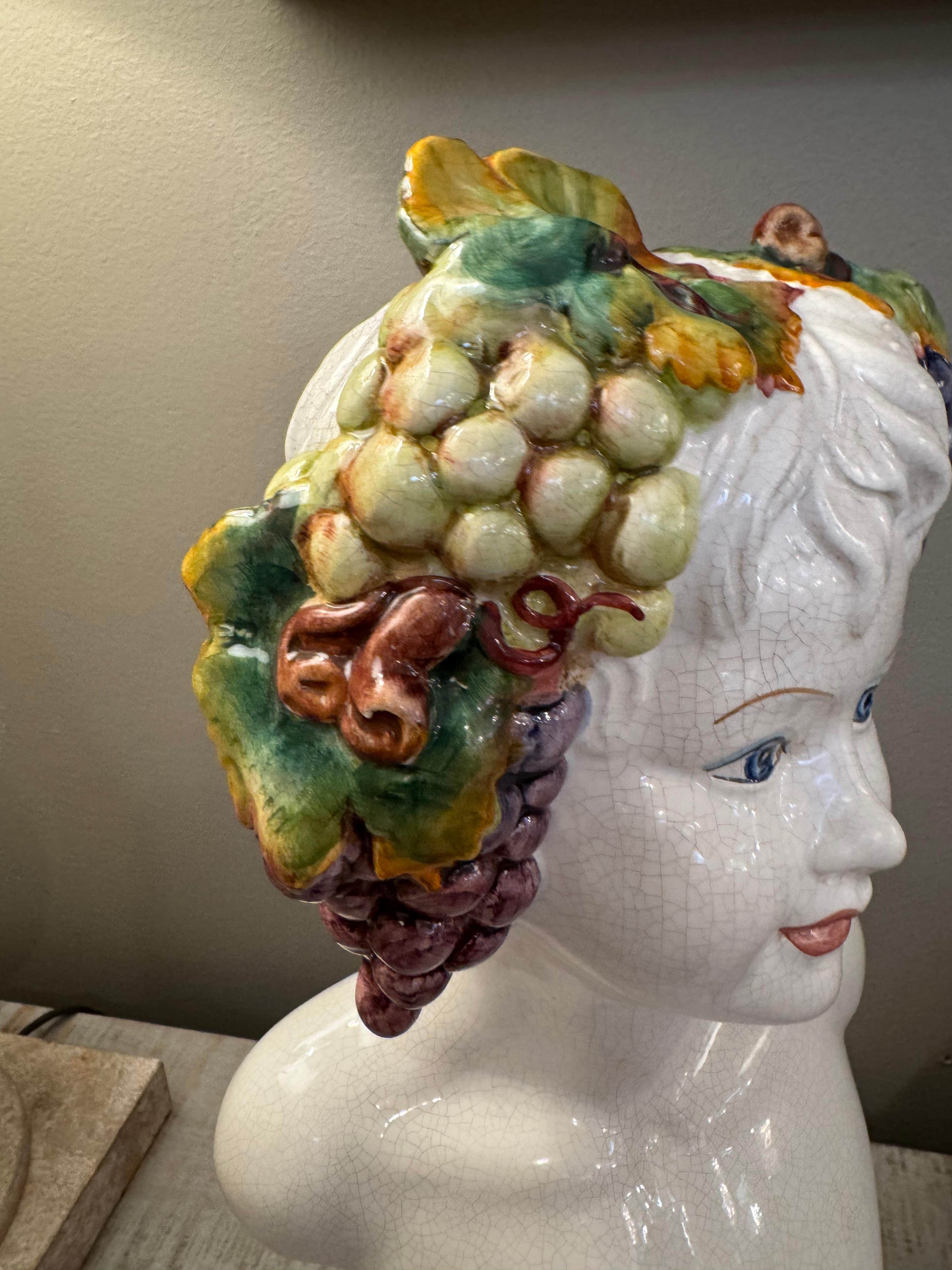 Mid century Italian ceramic hand painted Bacchus God of wine bust In Good Condition For Sale In Birmingham, AL