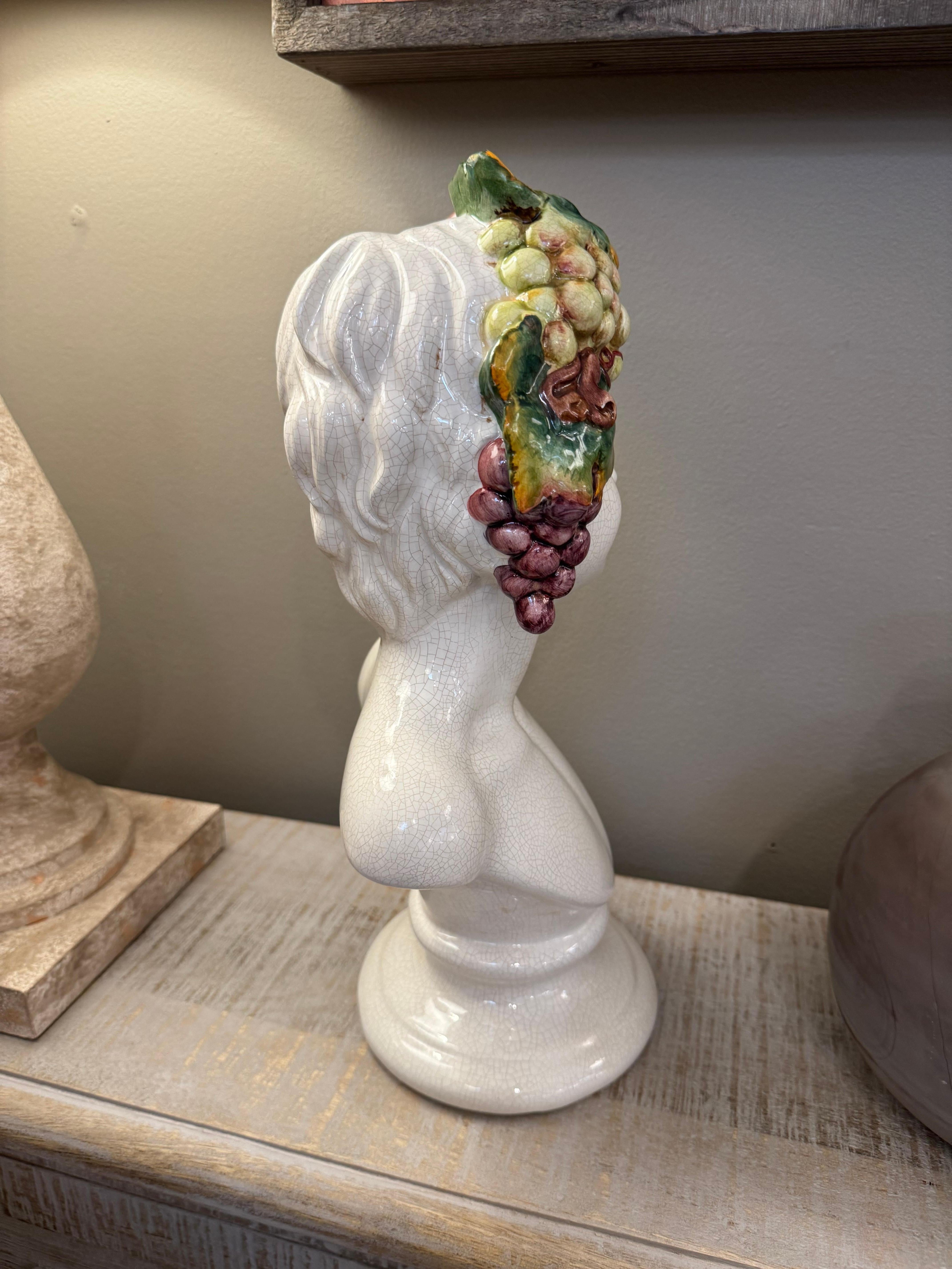 20th Century Mid century Italian ceramic hand painted Bacchus God of wine bust For Sale