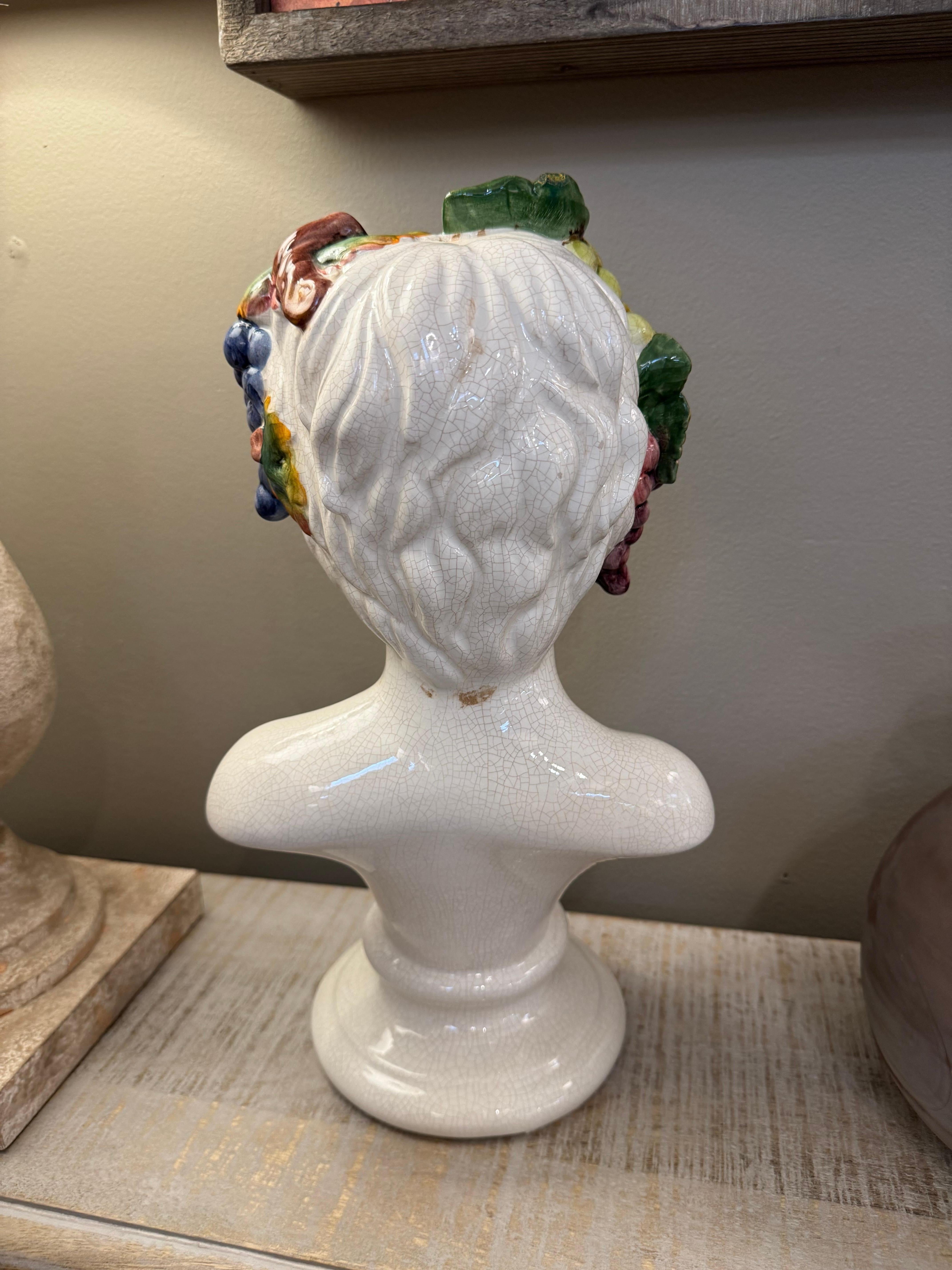 Ceramic Mid century Italian ceramic hand painted Bacchus God of wine bust For Sale