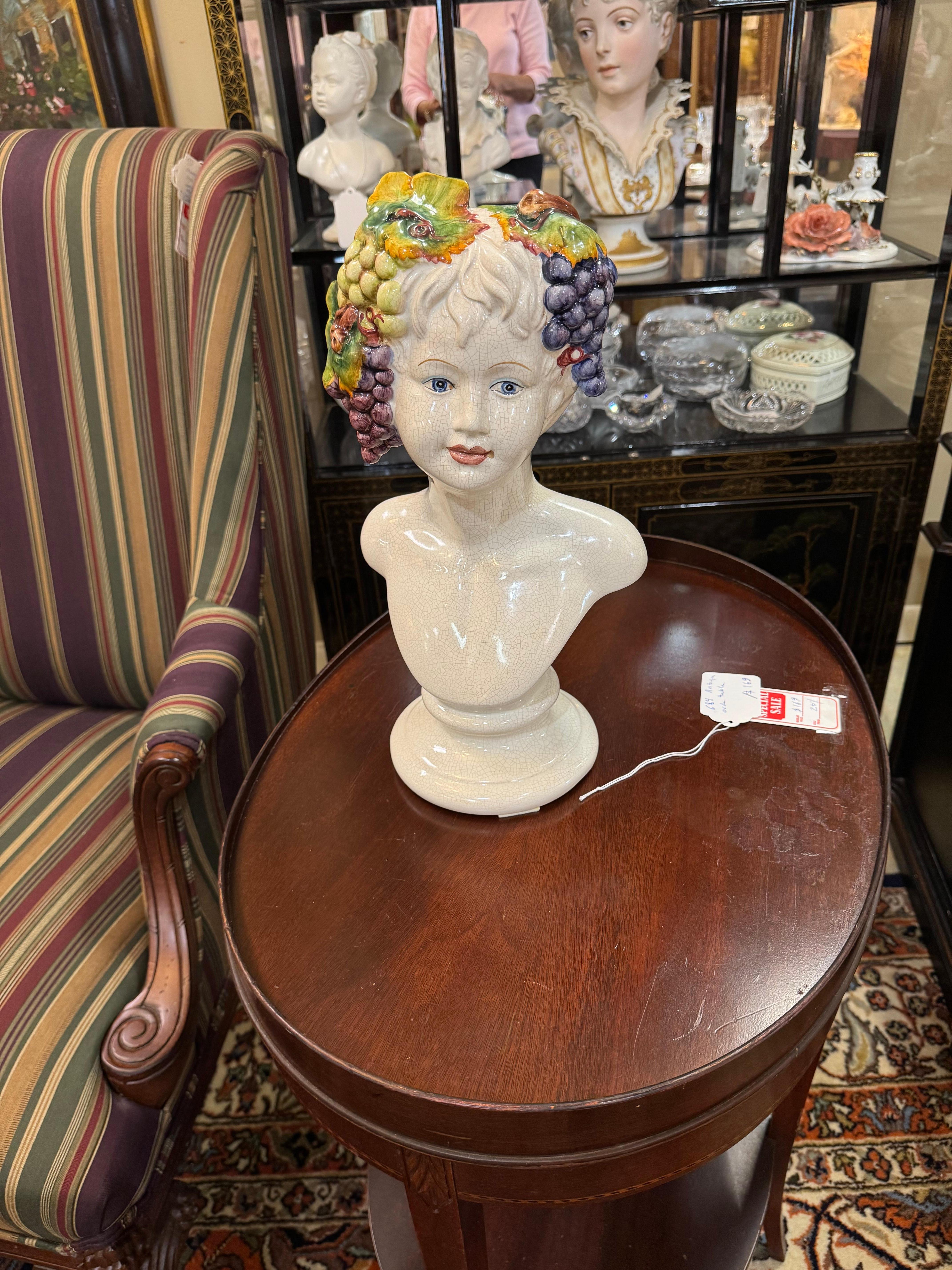 Mid century Italian ceramic hand painted Bacchus God of wine bust For Sale 2