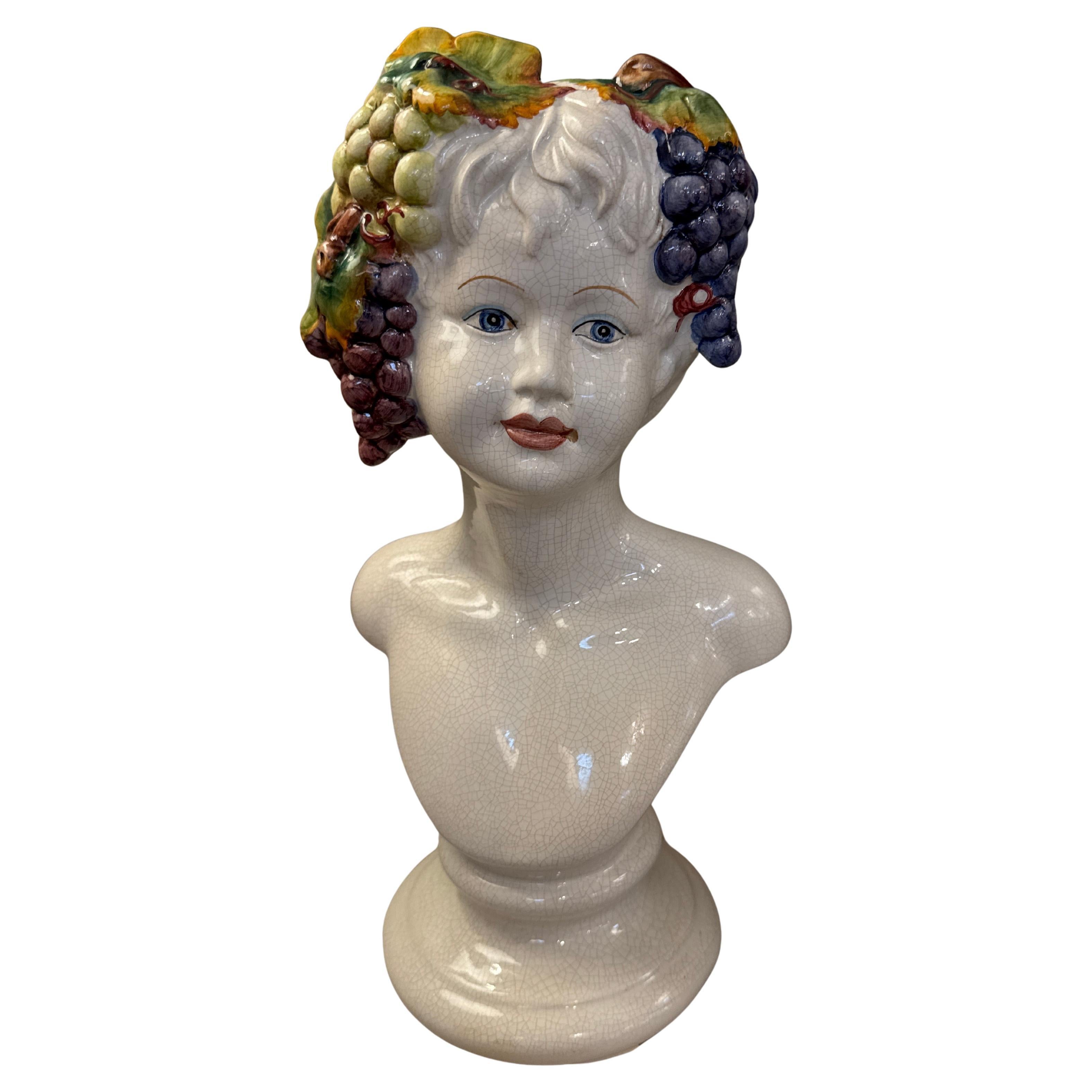 Mid century Italian ceramic hand painted Bacchus God of wine bust