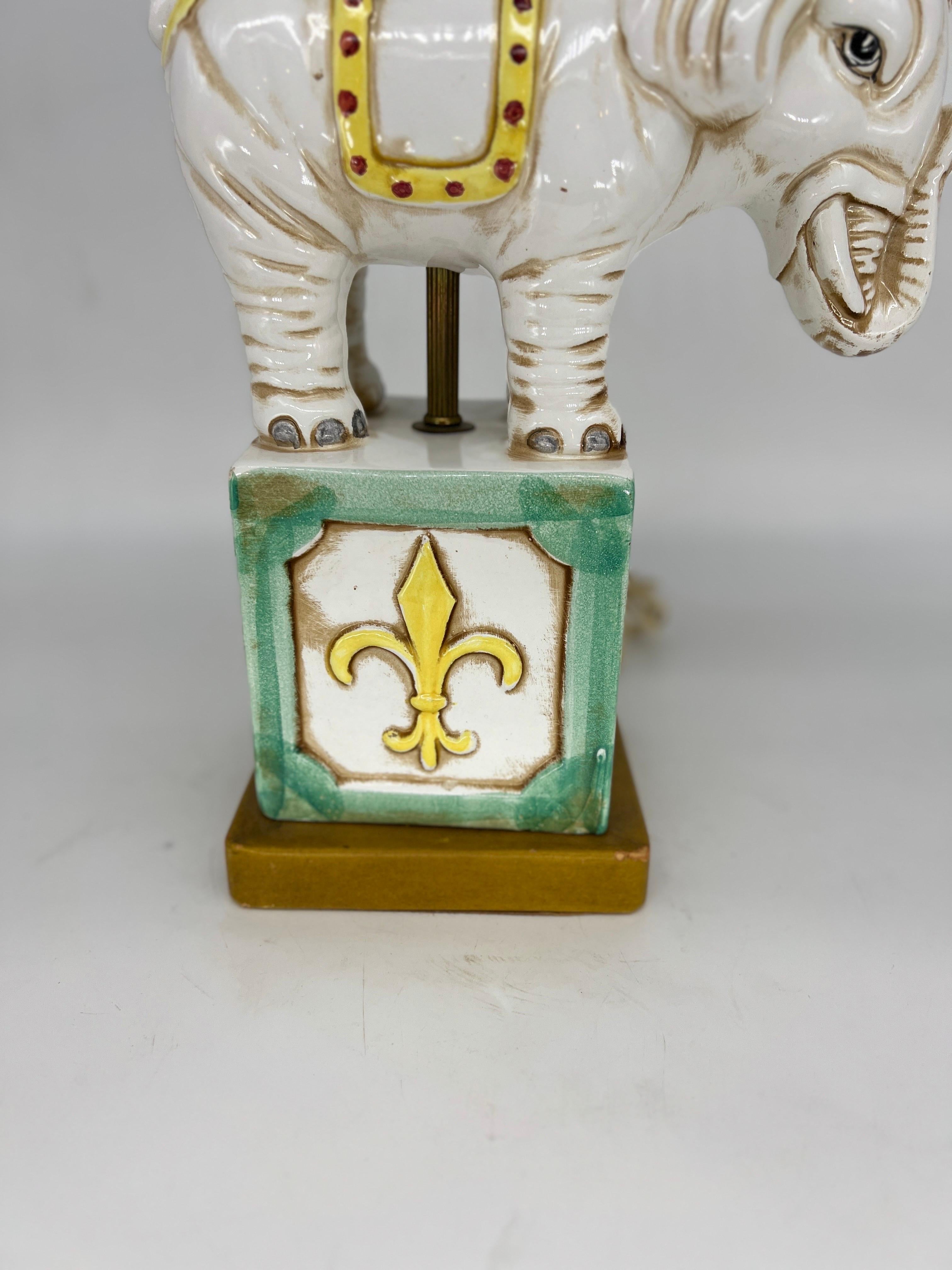 Mid Century Italian Ceramic & Leather Elephant Form Table Lamp In Good Condition For Sale In Atlanta, GA