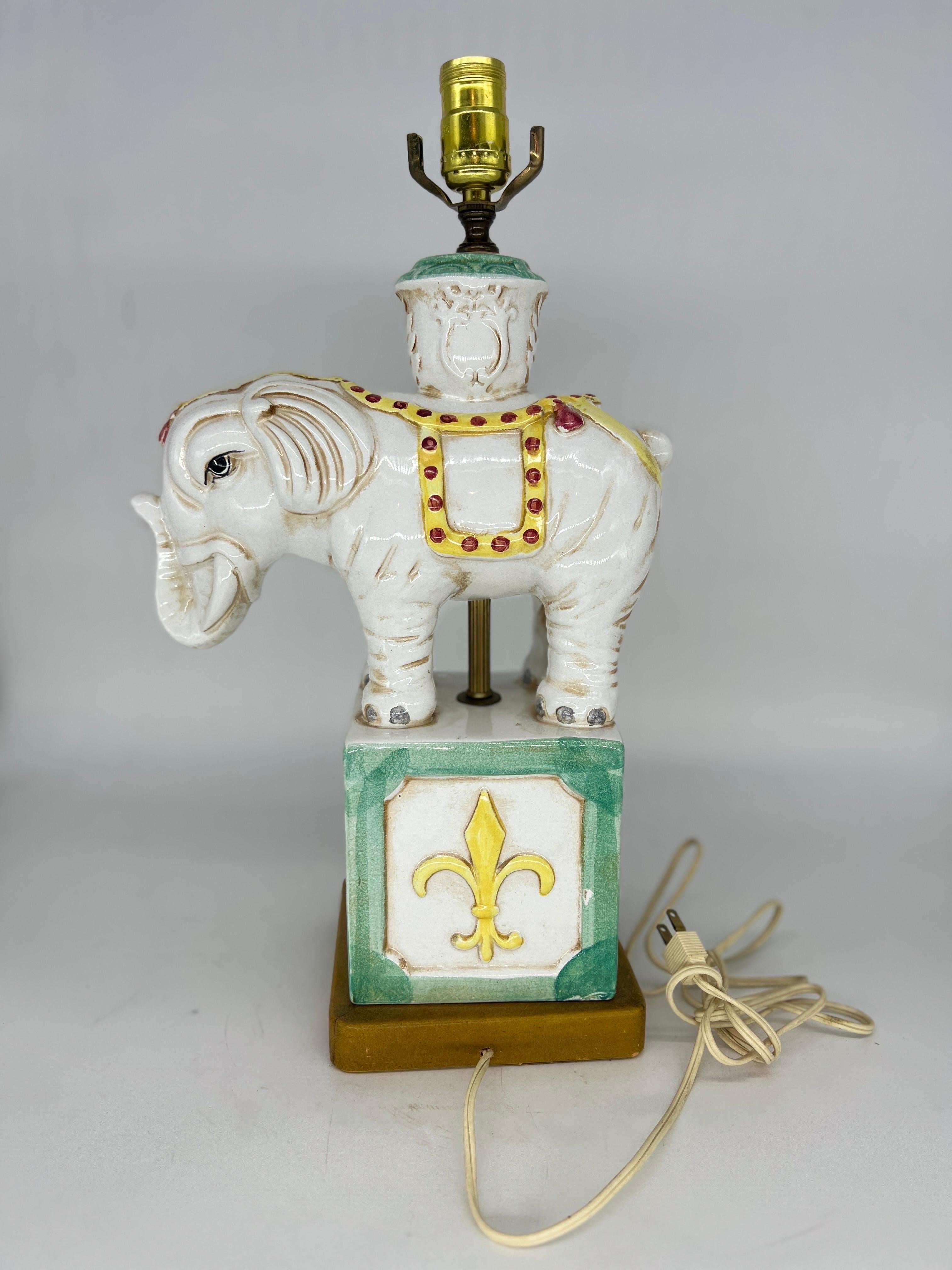 Mid Century Italian Ceramic & Leather Elephant Form Table Lamp For Sale 1