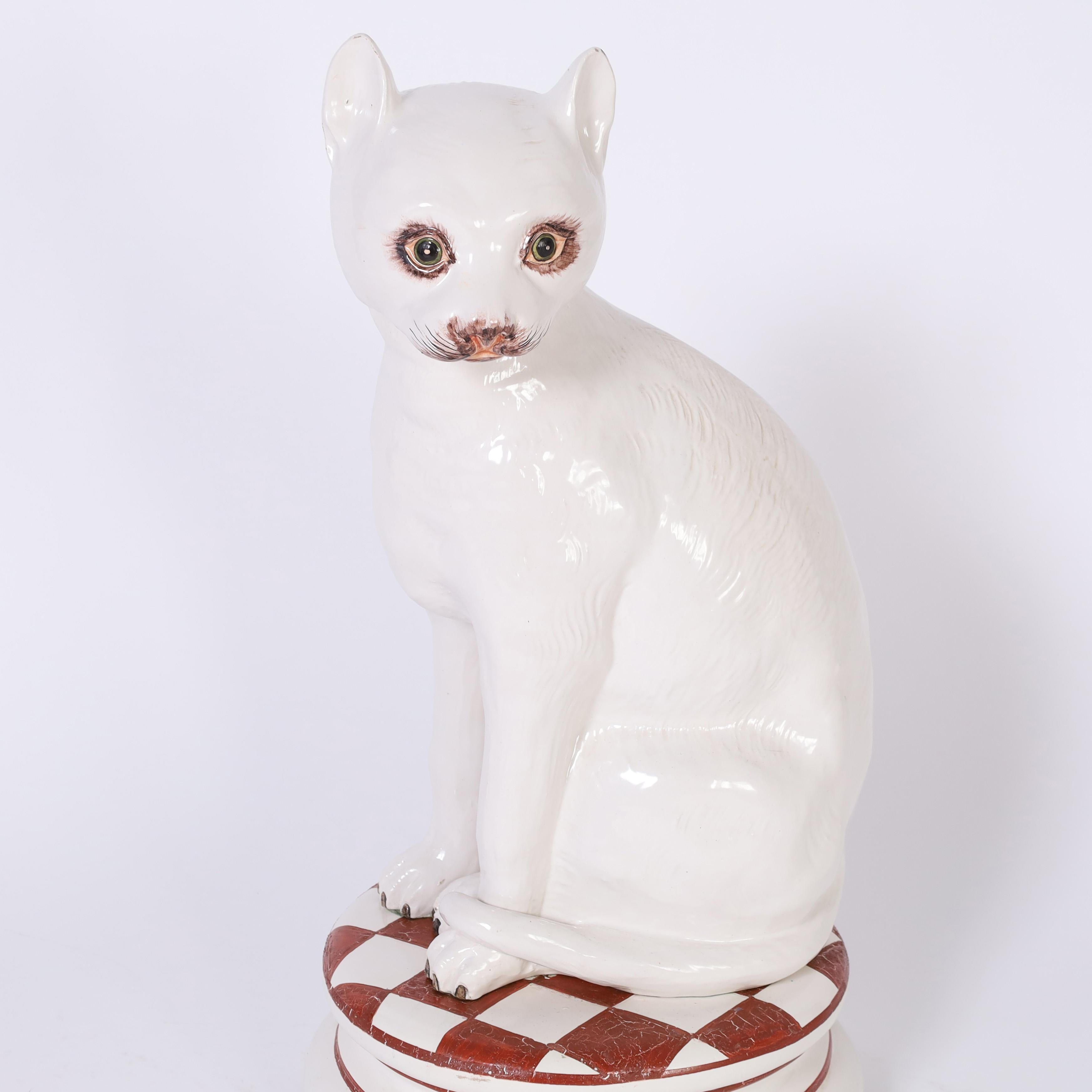 Glazed Mid Century Italian Ceramic or Porcelain Cat and Dog Sculptures For Sale