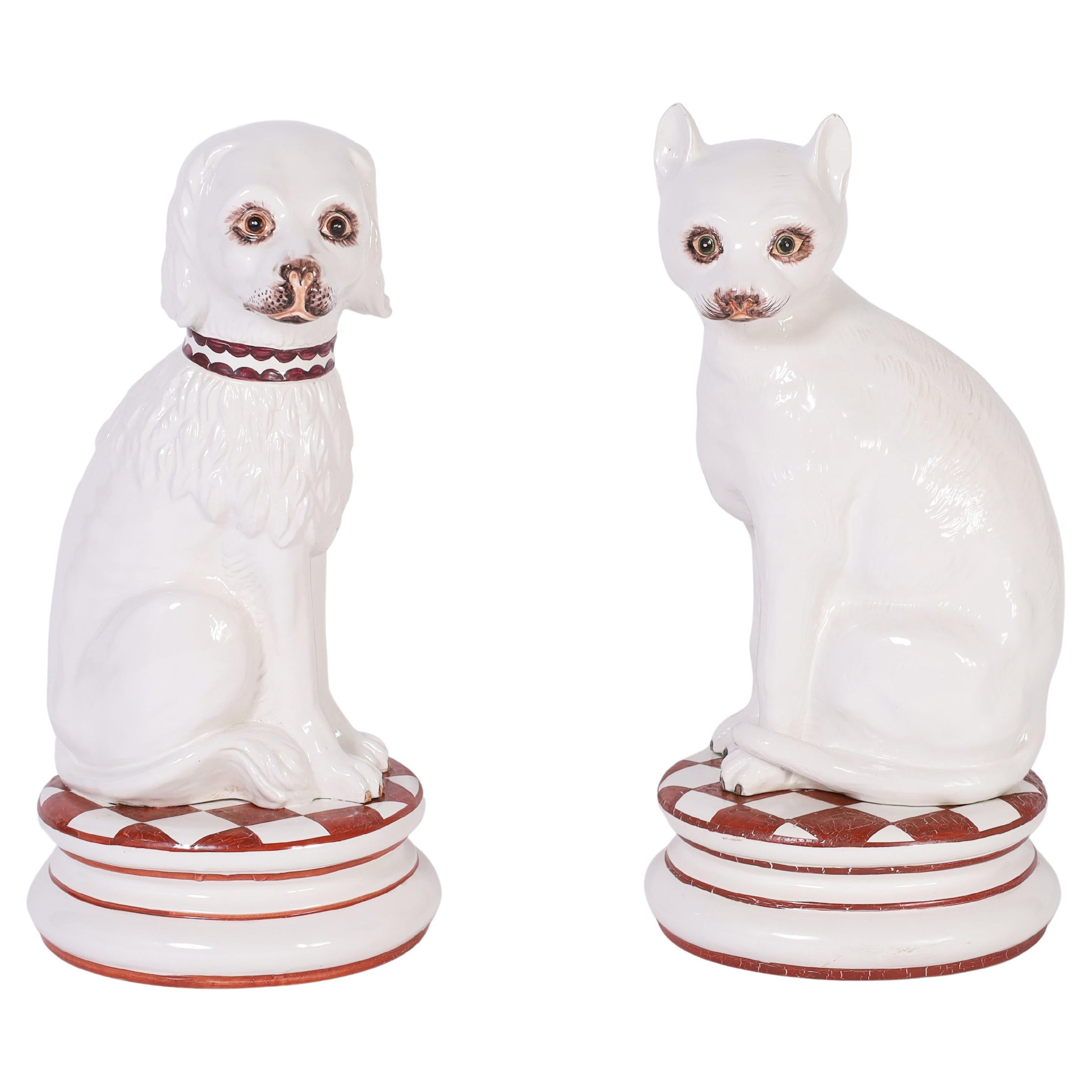 Mid Century Italian Ceramic or Porcelain Cat and Dog Sculptures For Sale