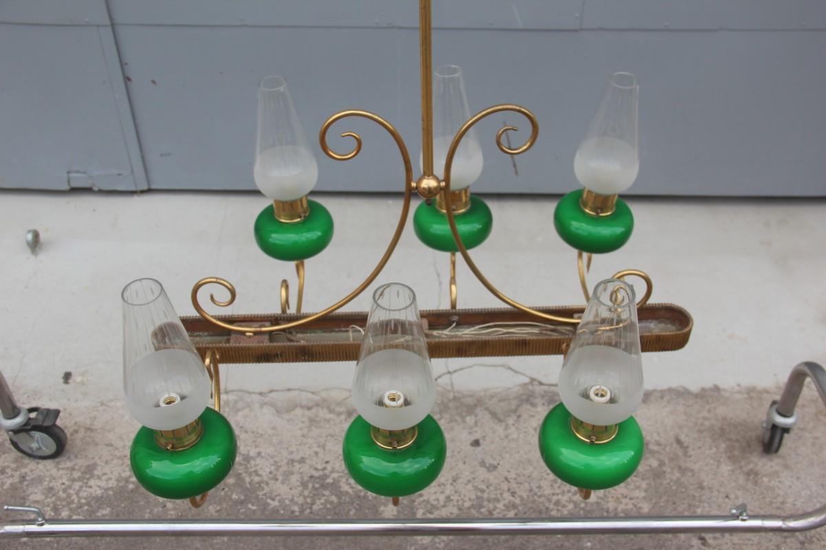Mid-century Italian chandelier brass green glass 1950 gold crystal , six-light bulbs with e14 connection 40 watts max each.