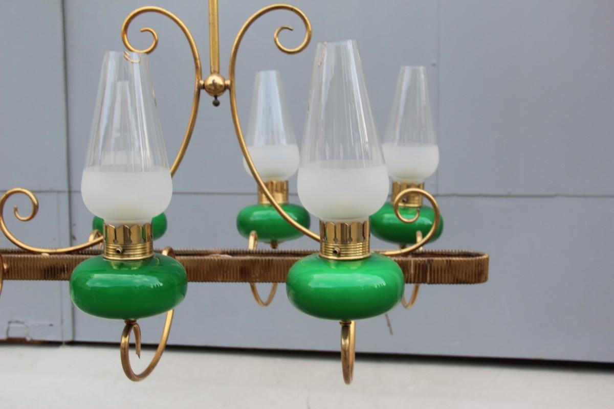 Mid-20th Century Mid-Century Italian Chandelier Brass Green Glass 1950 Gold Crystal For Sale